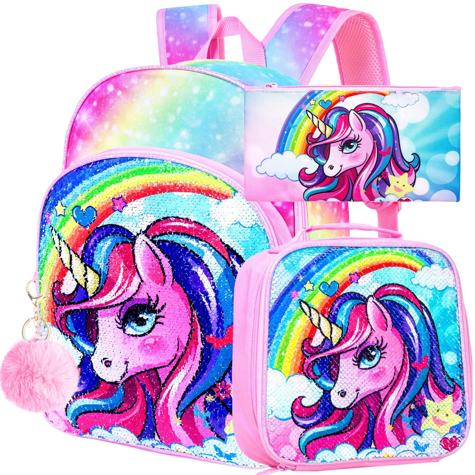 FTJCF 3PCS Unicorn Backpack, 16" Girls Rainbow Sequins Kids Bookbag with Lunch Box, School Bags for Elementary Preschool Kindergarten - Pink