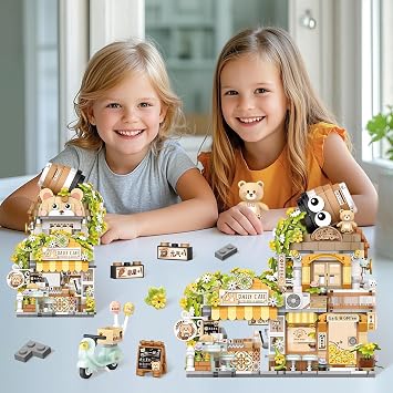 Creative Brick Box Street View-Coffee Shop Mini Building Toy Animals Interactive for Kids, Simulation Architecture Toy for Girls and Boys Ages 6+ Gift Easter, Birthday, Christmas (1077 PCS)