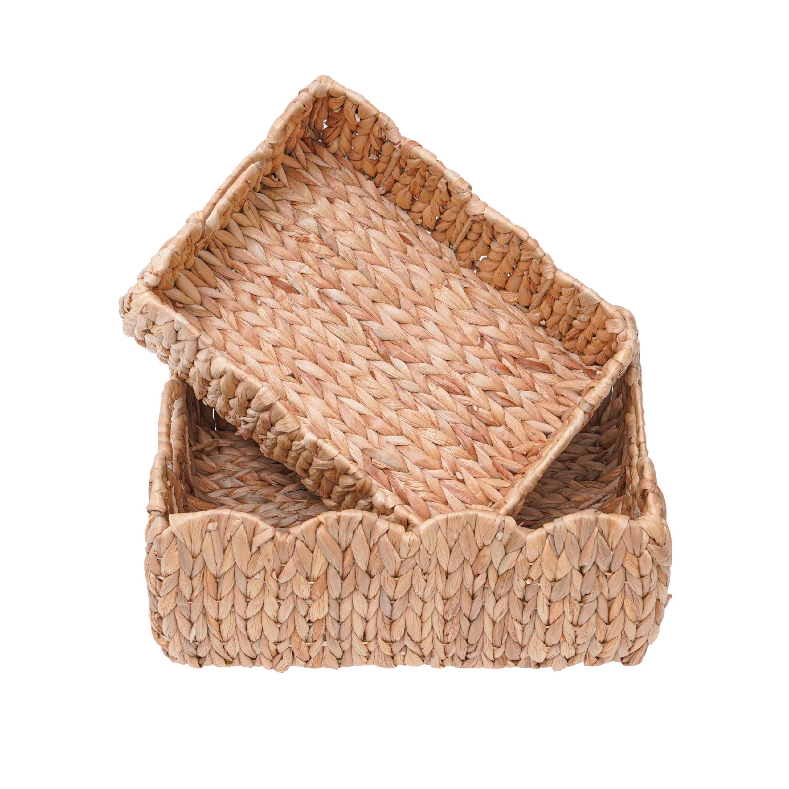 Set of 2 Scalloped Edge Wicker Storage Basket with Built-in Handles, Rectangle Water Hyacinth Basket for Organizing, Decorative Woven Rattan Basket for Shelf, Nursery Room