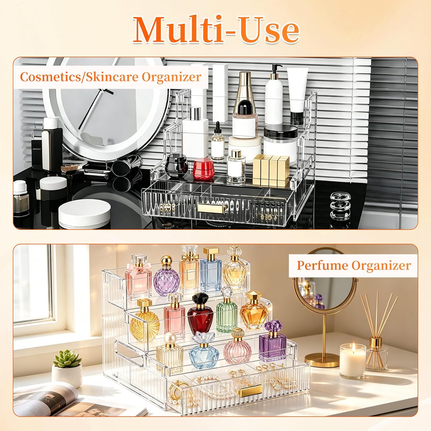 Perfume Organizer with Drawer, Makeup Display Stand Countertop for Vanity