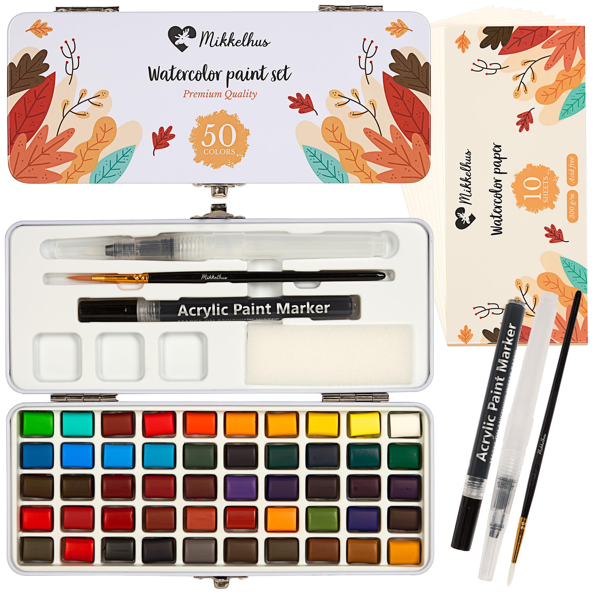 Mikkelhus 50 Colours Watercolour Paint Set - In Metal Box With Brush & Watercolour Paper - Watercolour Painting Set For Artists
