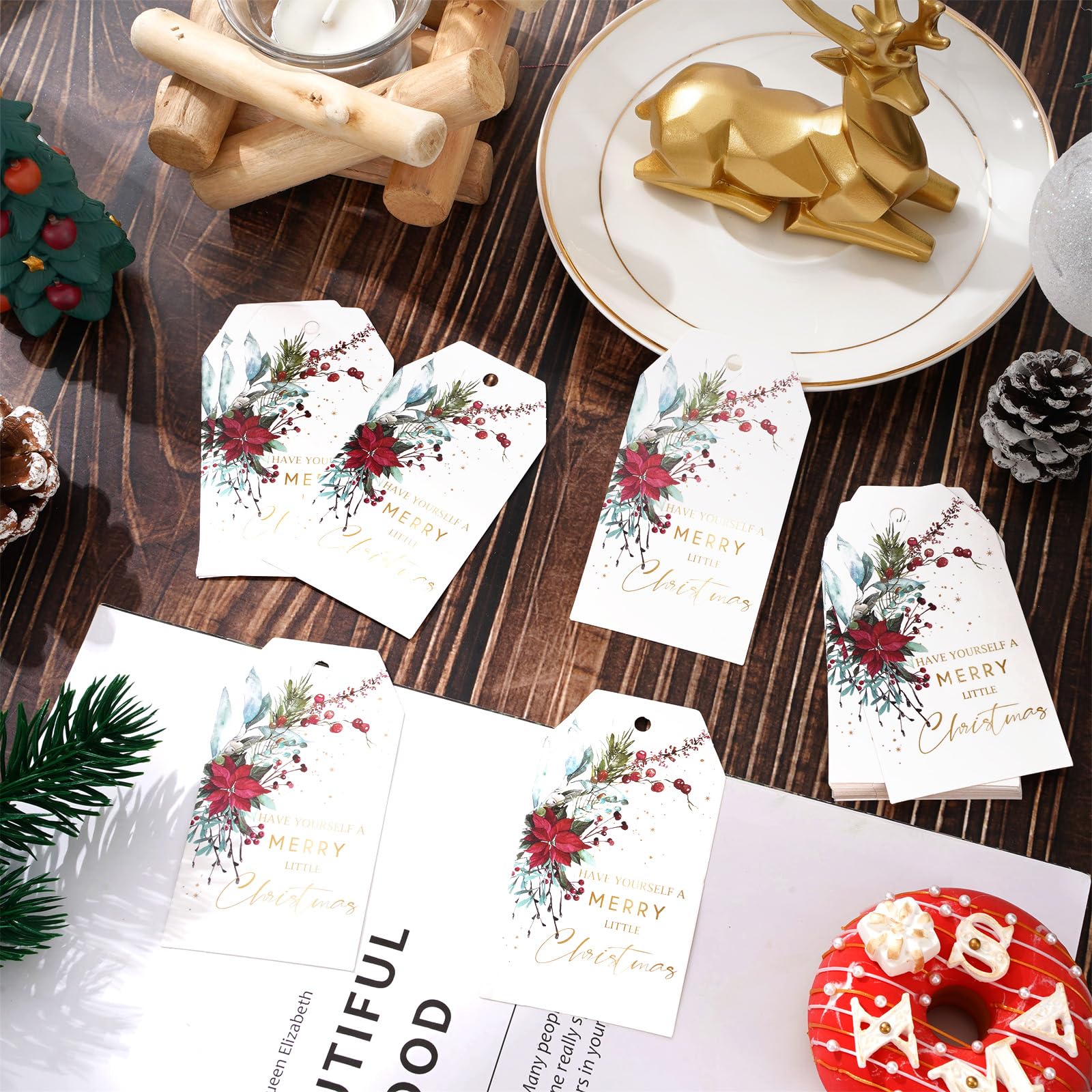 Whaline 100 Stück Weihnachtspapier-Geschenkanhänger mit Hanfseil, Weihnachtsstern, Papieranhänger, Goldfolie, Frohe Weihnachten, hängende Etiketten, vorgestanzt mit Löchern für Weihnachten, Winter,