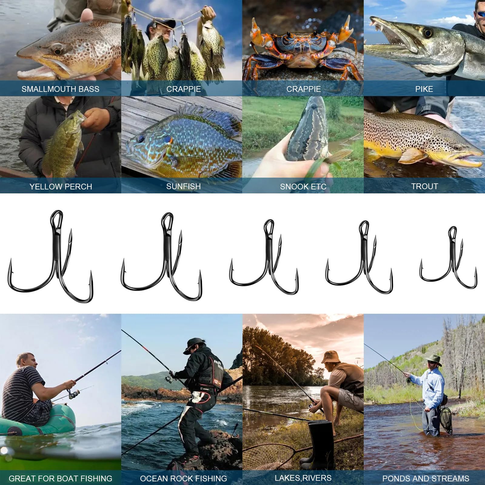 Kit Da 50 Ami Tripli In Acciaio Inox Per Pesca – Per Acqua Salata E Dolce, Per Pesce Gatto, Trota E Luccio