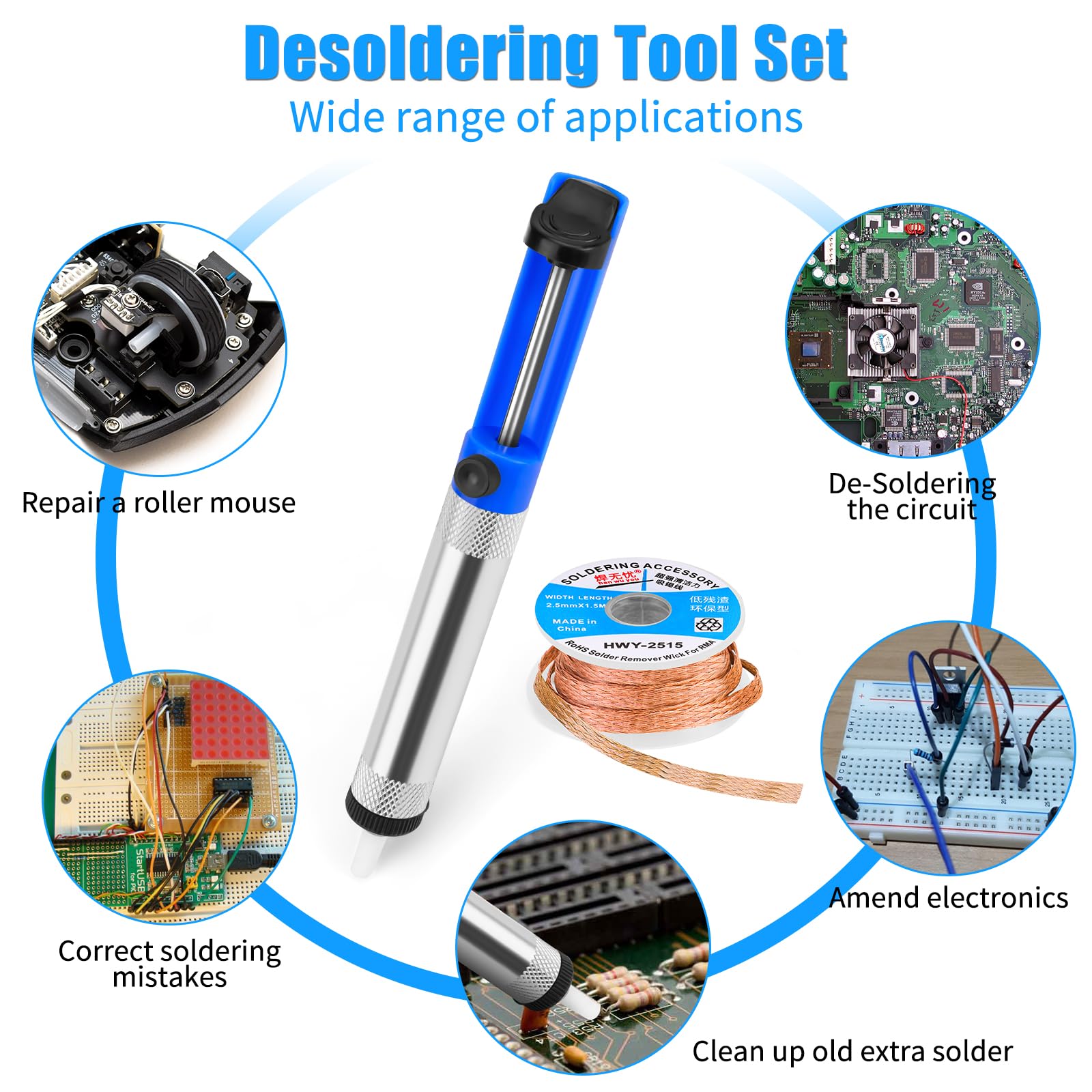 Bomba desoldadora con ventosa de soldadura, mecha de desoldadura, alicates cortadores de alambre de microcorte, juego de herramientas de extracción de soldadura, kit de accesorios de asistencia de