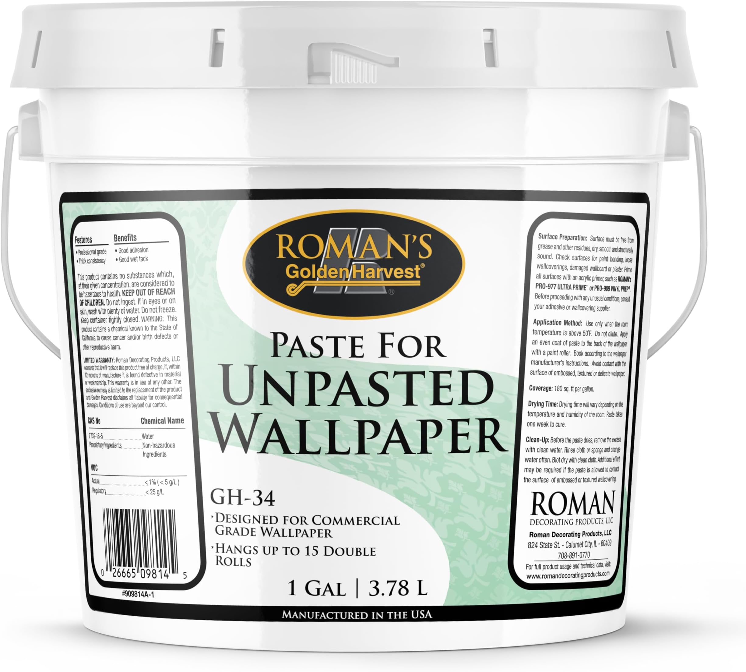 Wheat-Based Wallpaper Paste Adhesive for Delicate Materials, Superior Wet Tack, Easy Application and Cleanup, Clear, GH-34 (1 Gallon - 180 sq. ft)