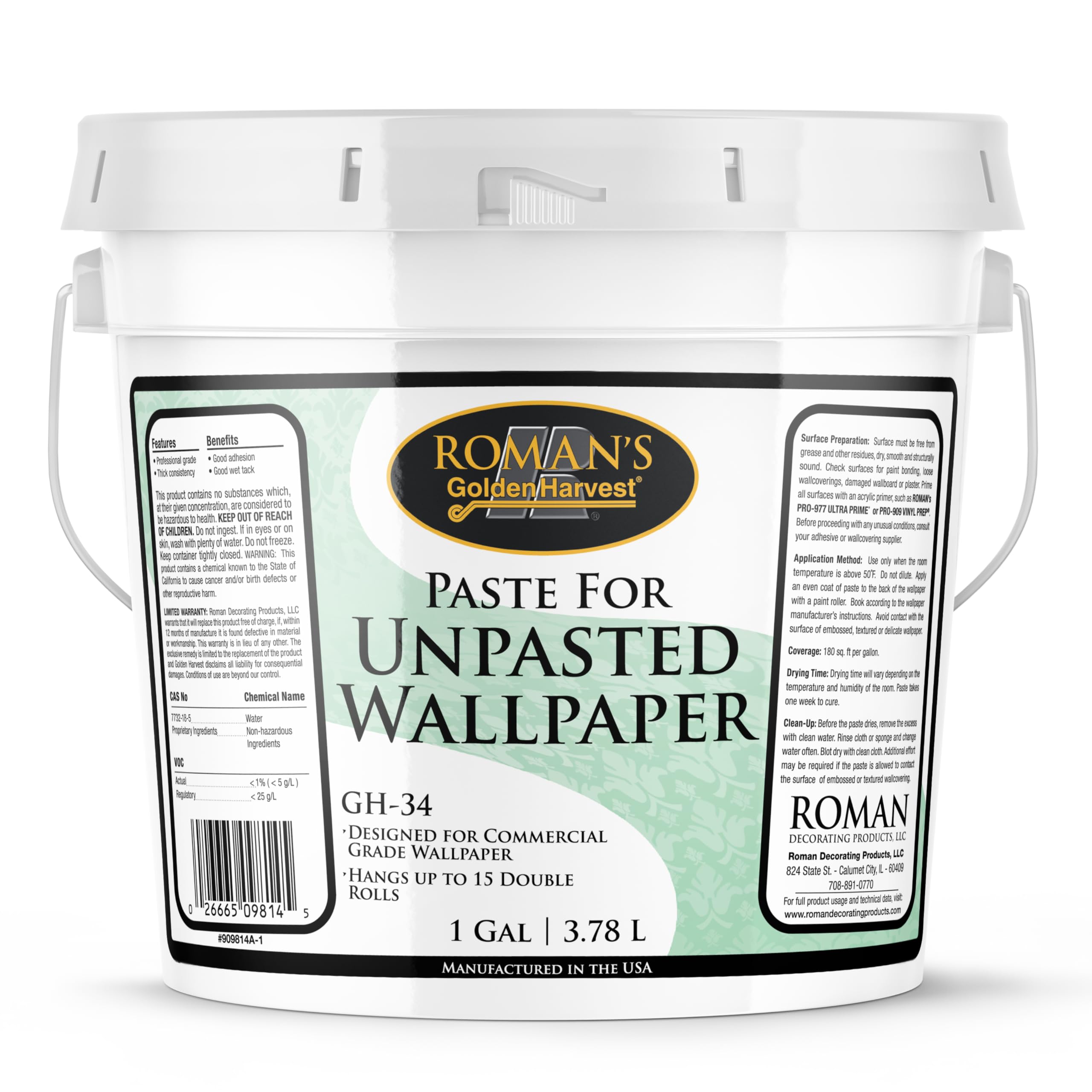 Roman Wheat-Based Wallpaper Paste Adhesive for Delicate Materials, Superior Wet Tack, Easy Application and Cleanup, Clear, GH-34 (1 Gallon - 180 sq. ft)