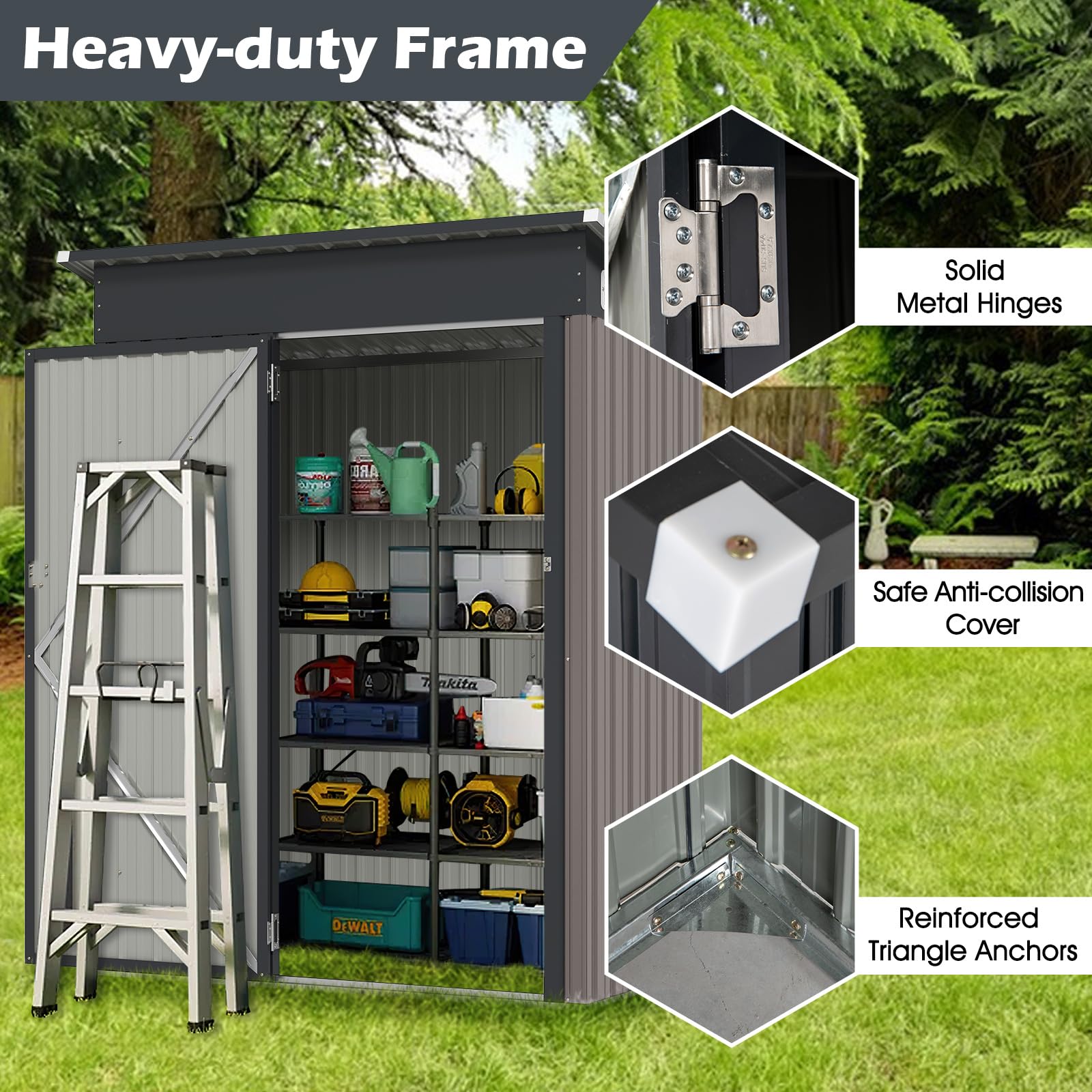 RELAX4LIFE Casetta da Giardino 1,35m² in Acciaio Zincato, Capanno Porta Attrezzi Esterno con Doppie Porte Scorrevoli e Tetto Inclinato, 150x88x185cm, 2 Paia di Guanti Inclusi (GRIGIO CHIARO)