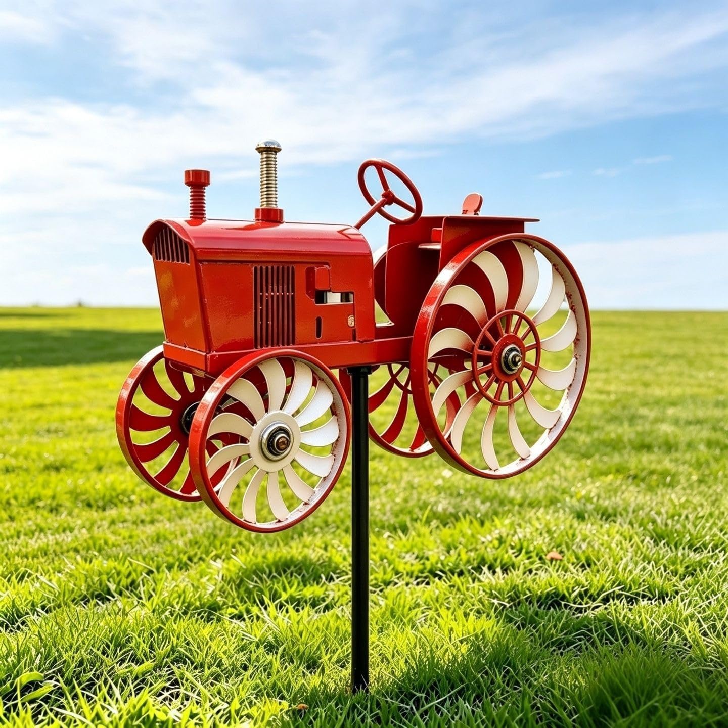 3D Tractor Wind Spinner – Kinetic Garden Stake with Rotating Wheels, Heavy-Duty Metal Sculpture for Outdoor Yard Patio Lawn Farmhouse Decor (Orange)
