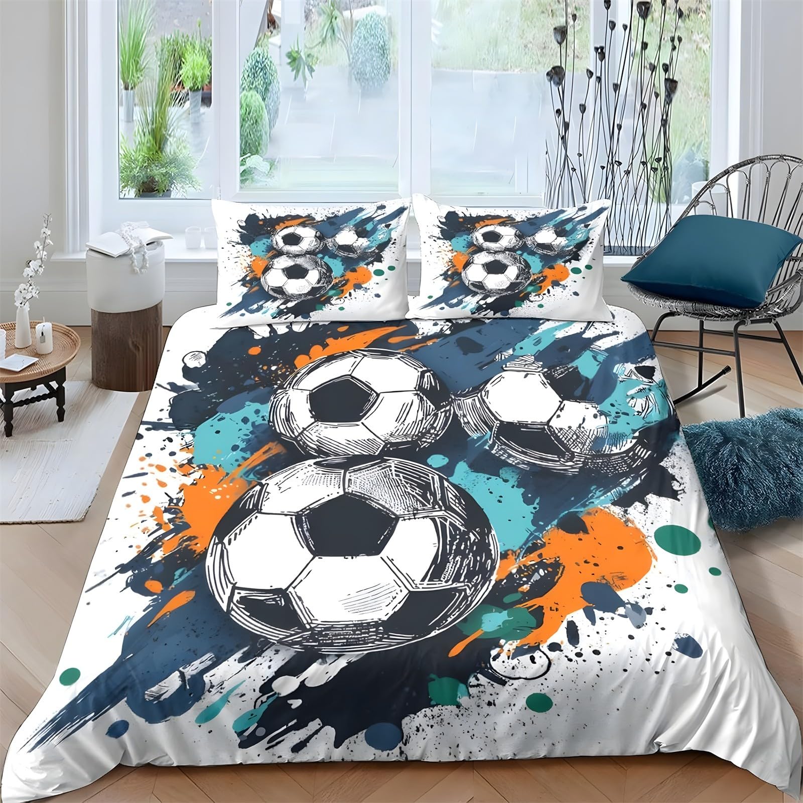 Ypthriline Splatter Ink King Size Duvet Cover Sets Soccer Ball Bedding Set Microfiber Duvet Covers With Pillowcases Reversible Bedding With Zipper Closure 230X220cm