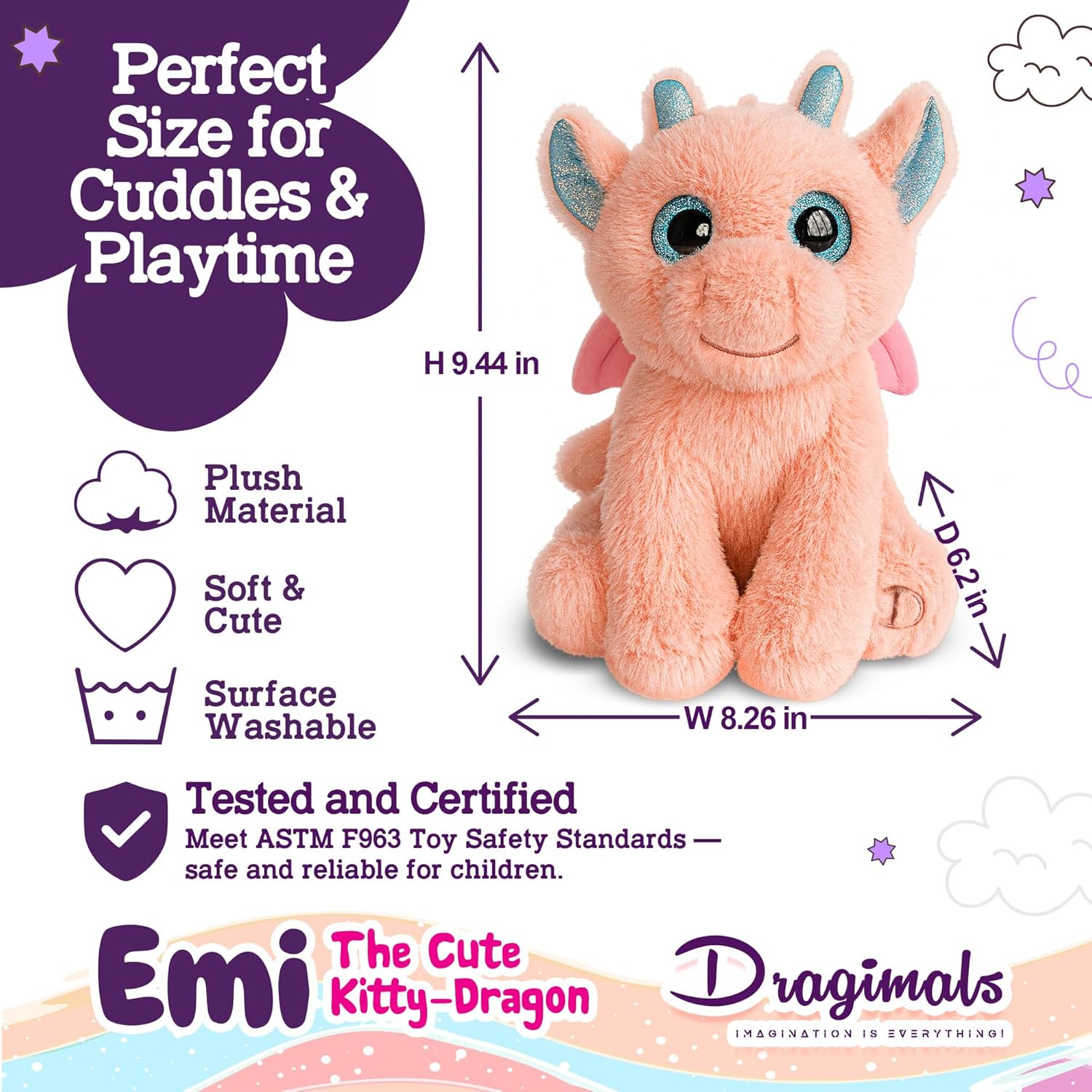 Dragimals™: EMI The Cute Kitty-Dragon™ is a Cat Dragon Plush, Cute Stuffed Animal Dragon with Glittering Turquoise Eyes, Ultra-Soft Fluffy Fantasy Plush Toy, Collectible for Girls Ages 3 and up