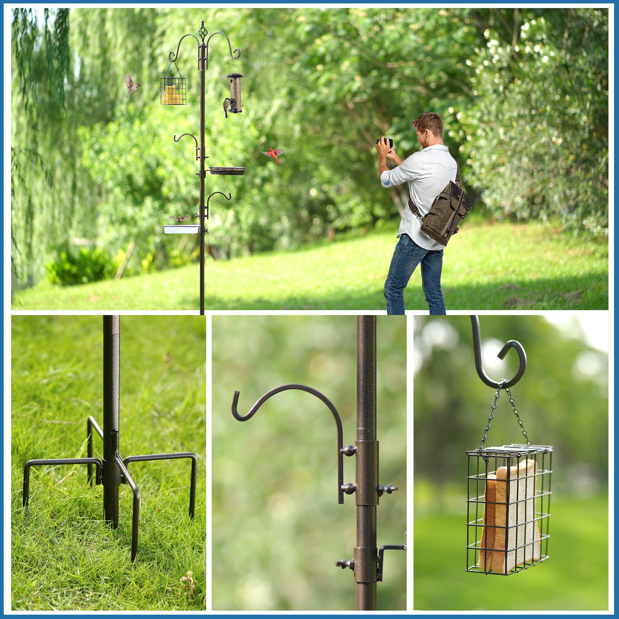 MIXXIDEA Deluxe Vogelfutterspender Kit Bird Feeder Pole Multi Feeder hängen mit Metall Vogelfütterungsstation Suet Feeder Vogel Bad Mesh Tray zum Anziehen (1 Pack)