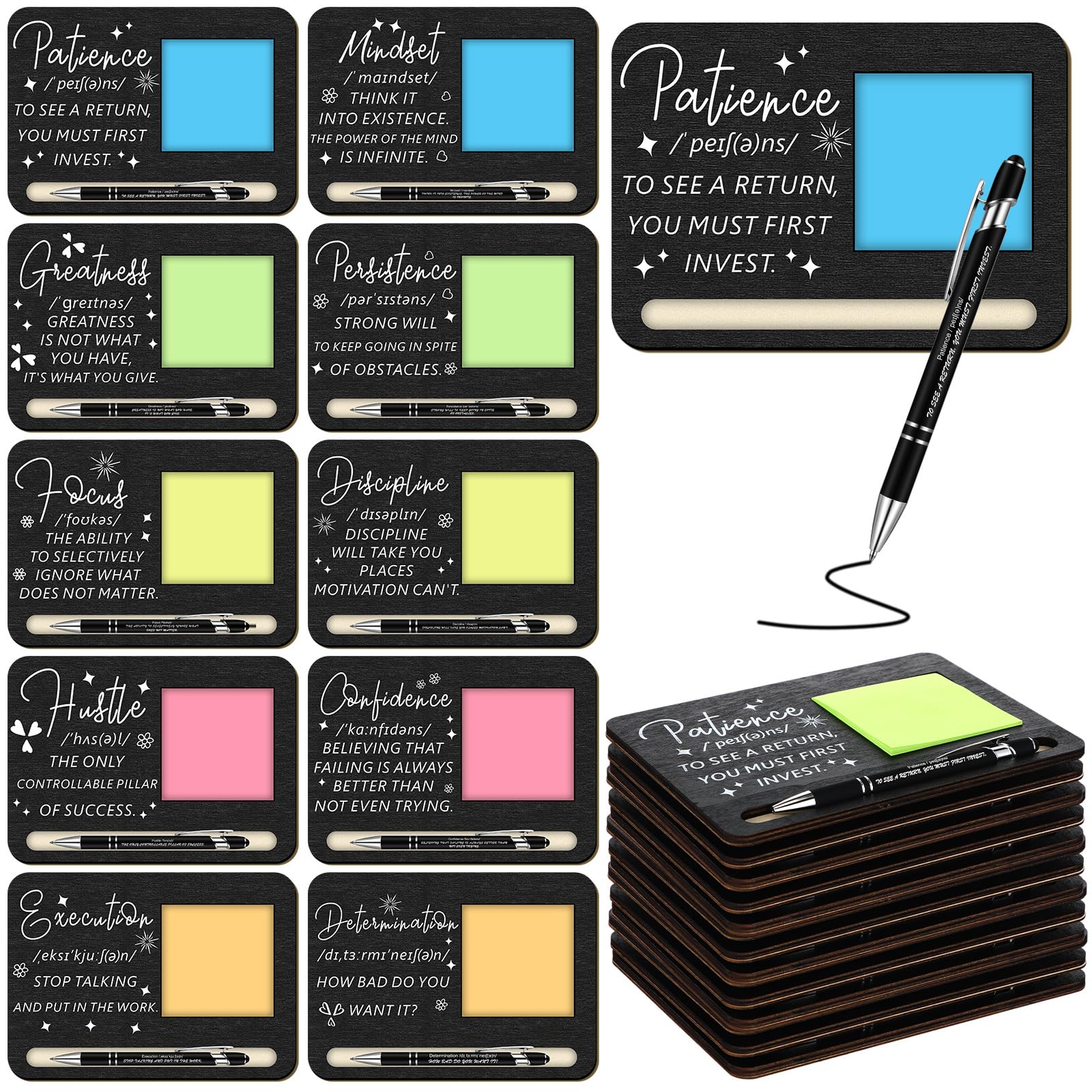 Kosiz 10 Set Wooden Sticky Note Holder Kit, Motivation, Black
