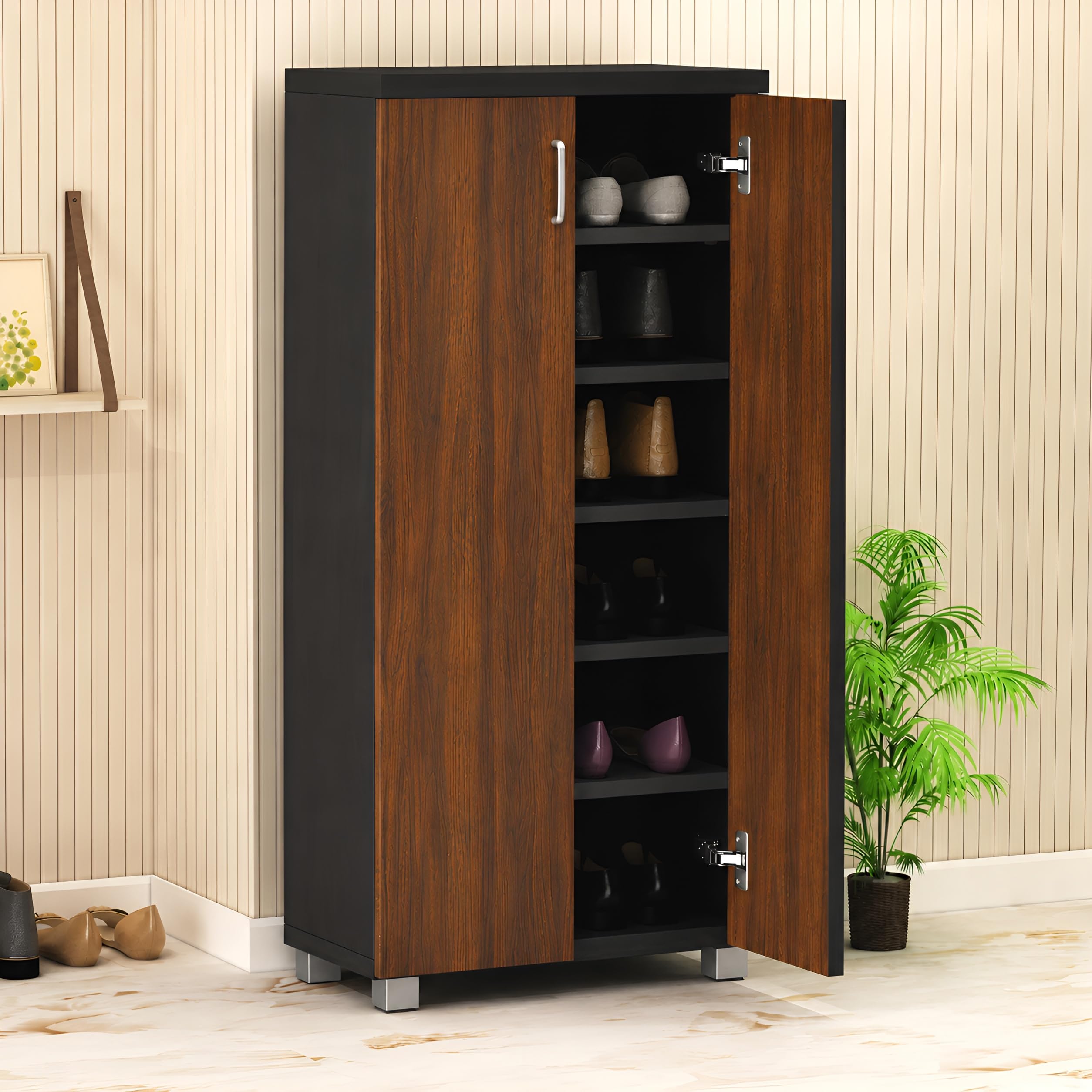 Fusion Wenge Finish Shoe Cabinet | Engineered Wood Construction | Premium Patterned Doors | Two-Tone Design | Tall Space-Saving Structure, and Curved Handles – Fits Up to 18-20 Pairs (DIY)-image-13