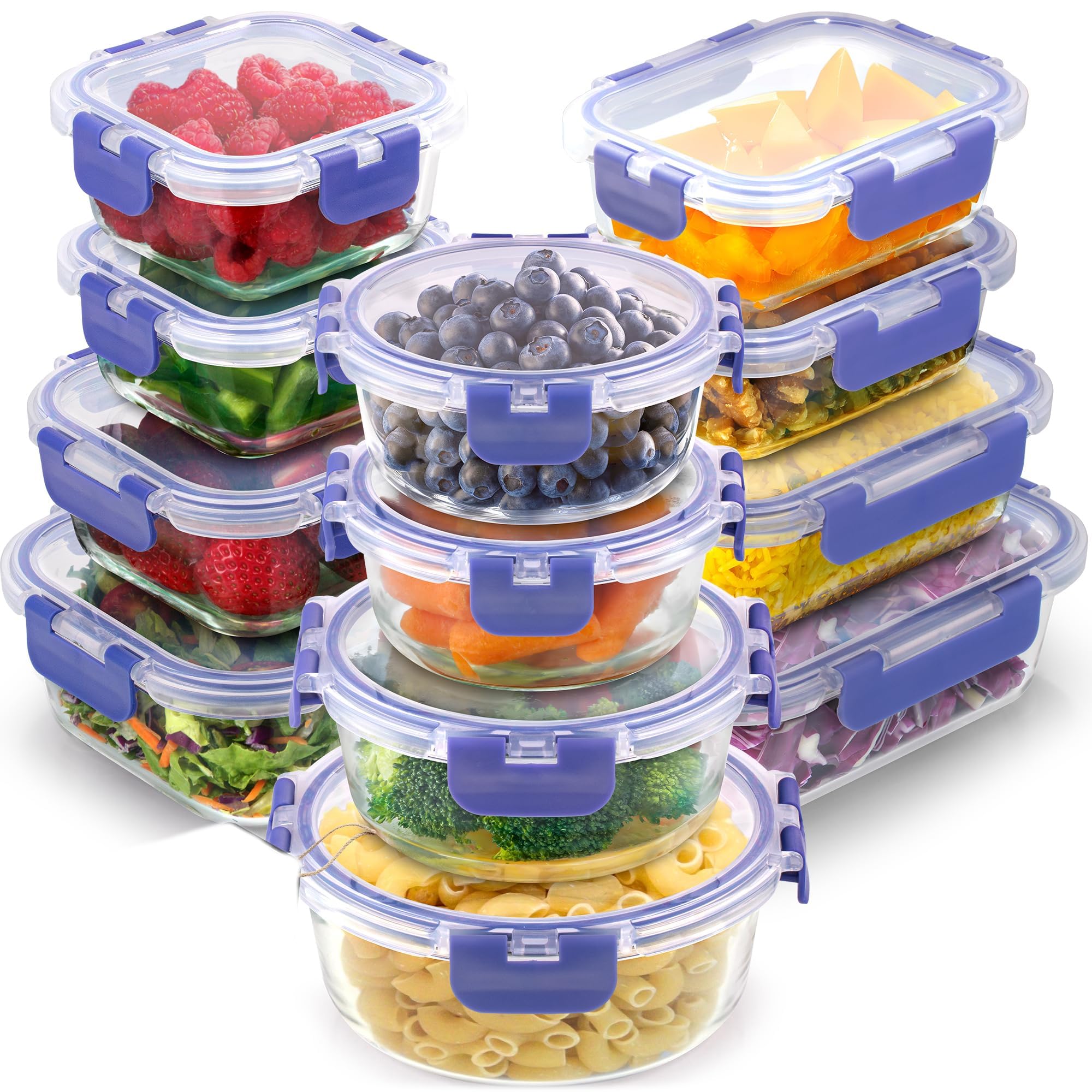 Zulay Kitchen 12er Set Glas Meal-Prep-Behälter mit Deckel – luftdichte, auslaufsichere Vorratsdosen aus Borosilikatglas – mikrowellengeeignet, gefriergeeignet, ofenfest (ohne Deckel) – BPA-frei