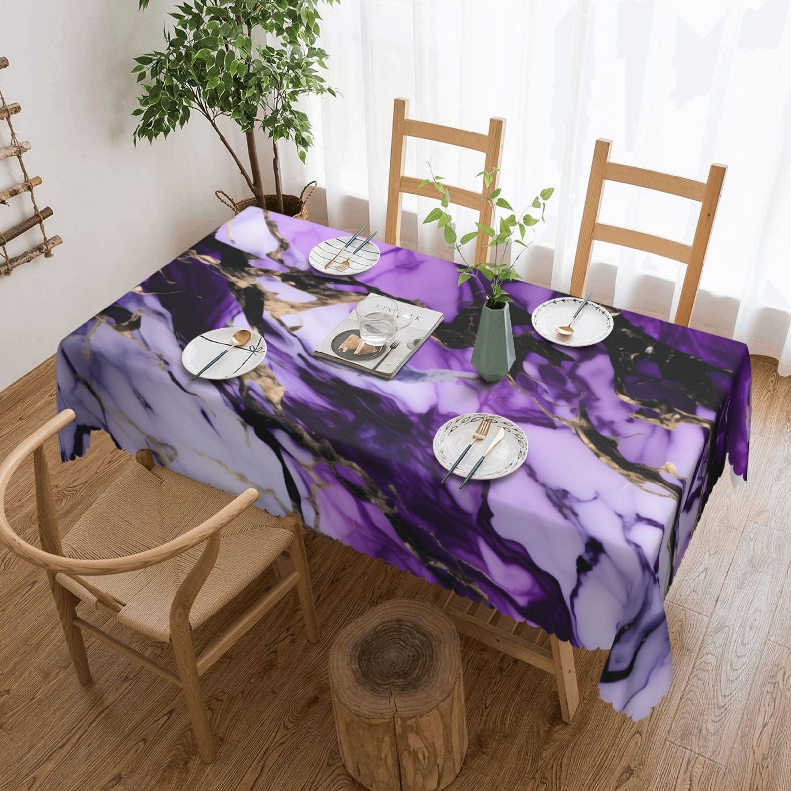 HLBSDM Purple Marble Print Rectangle Washable Tablecloth Decorative Table Cover for Dining Table Buffet Parties, Black