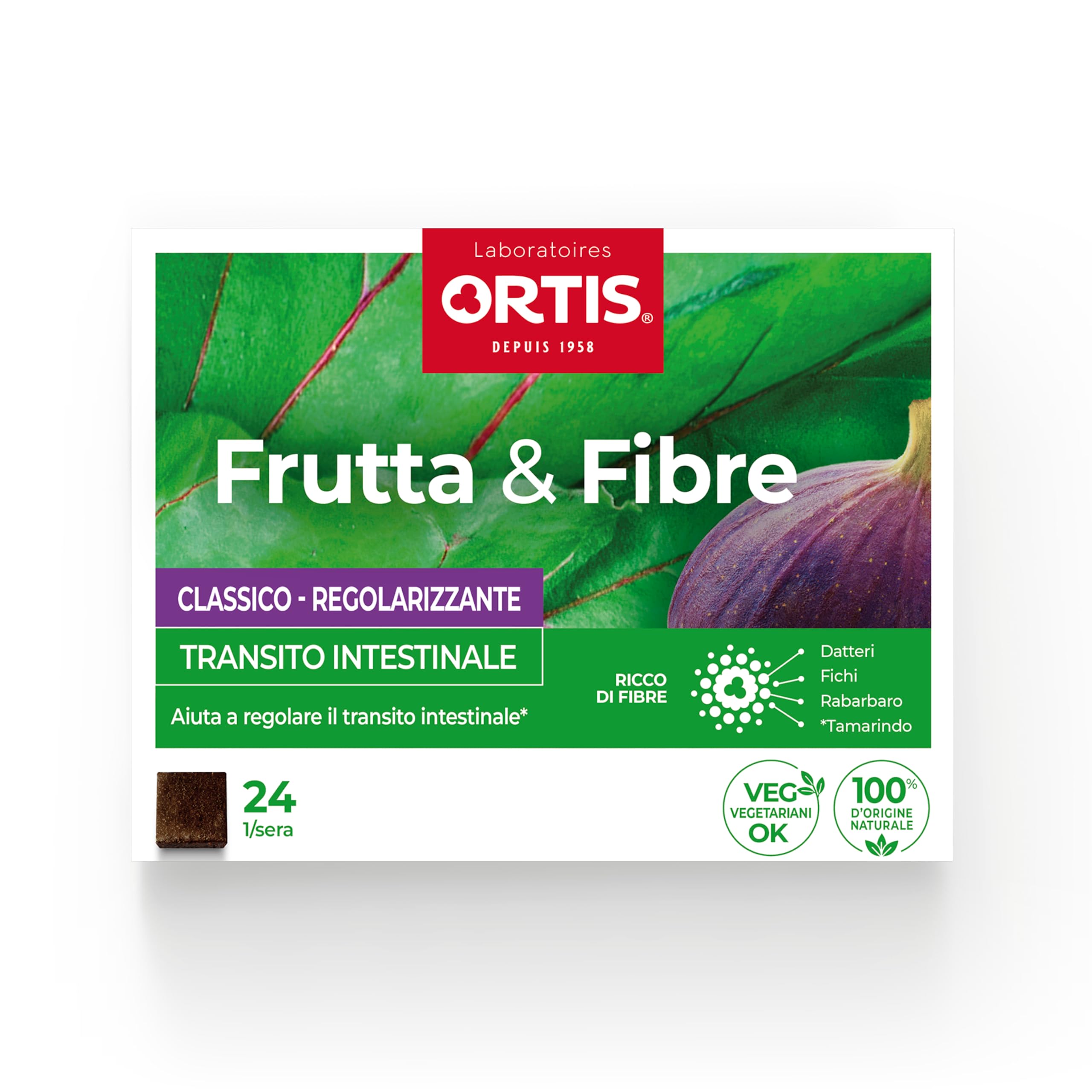 Ortis - Frutta & Fibre Classico 24 Cubetti - Integratore Alimentare Che Aiuta a Regolare il Transito intestinale - Pigrizia intestinale Frequente -100% Naturale a Base di Rabarbaro e Fichi