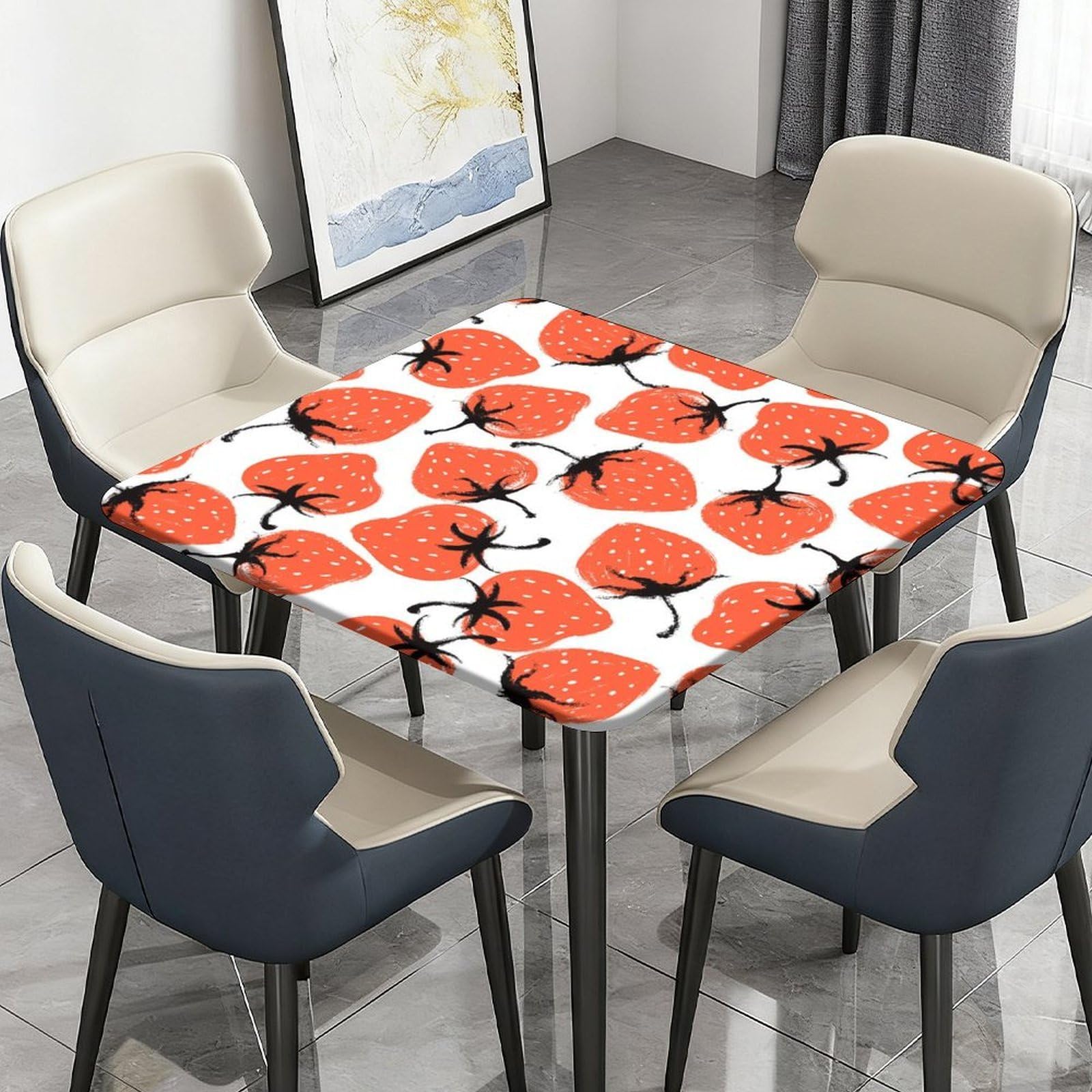Morbuy Waterproof Oxford Cloth Tablecloth Cover, Elastic Square Fitted Tables for Kitchen/Garden, Strawberry Print Stain-Resistant Table Cover (Red and Black,170x170cm)