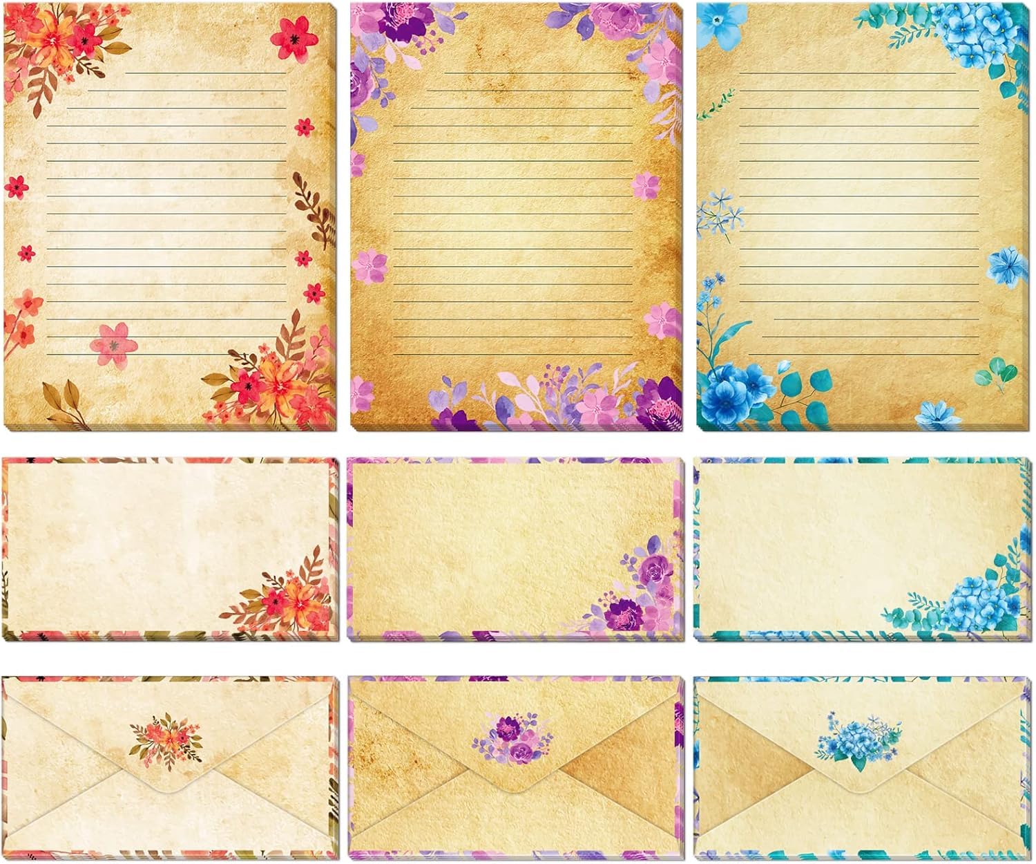 Vintage Stationary Paper and Envelopes Set Vintage Floral Stationery Paper Set with Lined Letter Writing Paper – 48 Sheets + 24 Envelopes, 8.5 x 11
