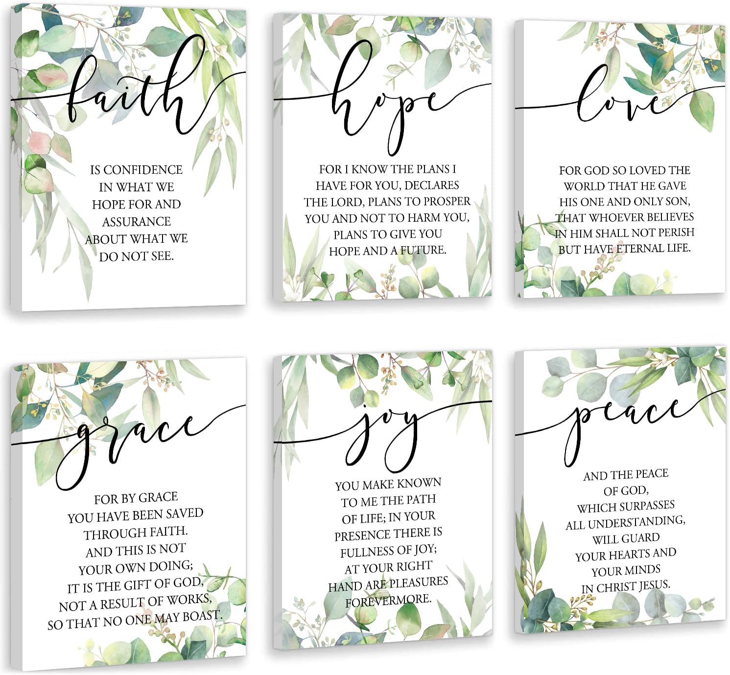 HOURIA 6Pcs Framed Christian Bible Verse Canvas Wall Art,8*10 inch Green Leaf Faith Hope Love Inspirational Bible Quotes Wall Decor,Sage Green Botanical Scripture Quote Posters for Bedroom Living Room