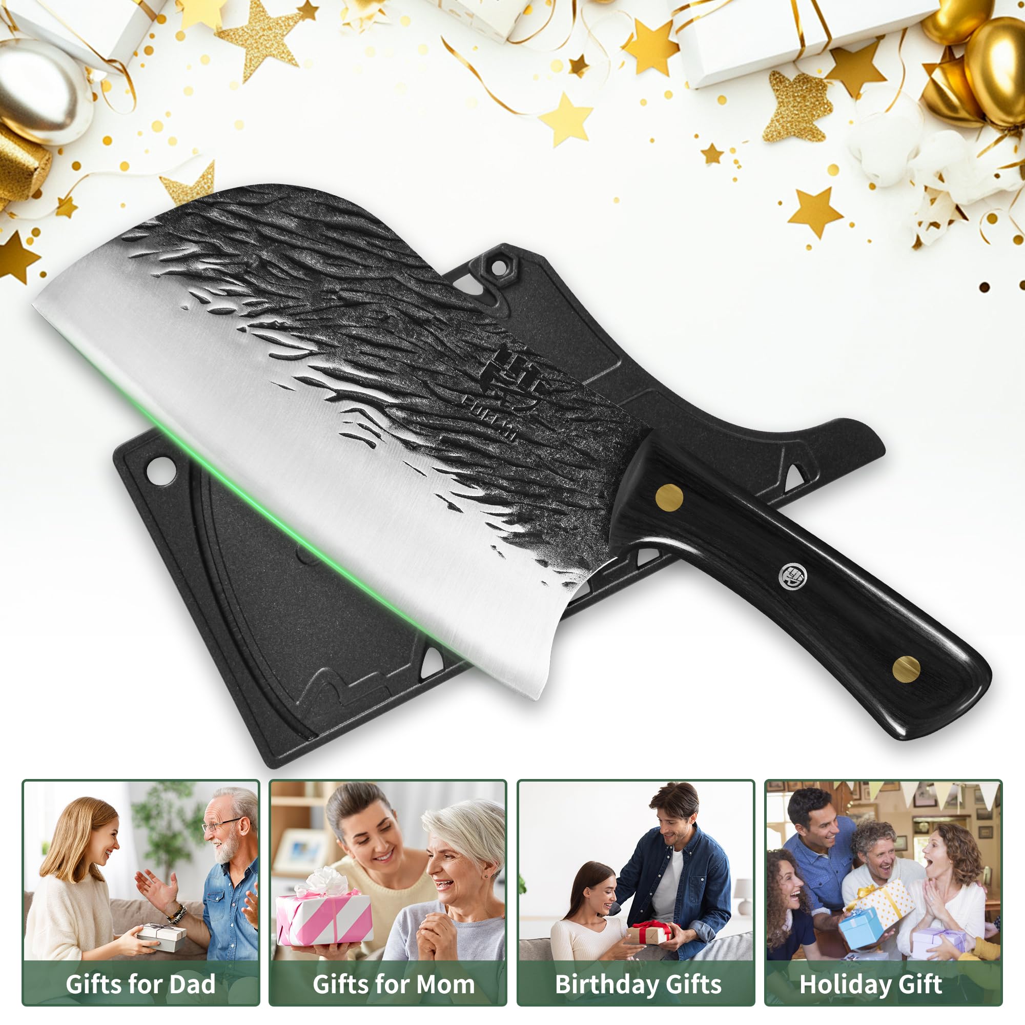 FULLHI Coltello da cuoco manico in legno Tang Butcher Knife con fodero 2pcs, coltello da cucina per esterni, campeggio barbecue (Nero, Coltello da cuoco serbo)