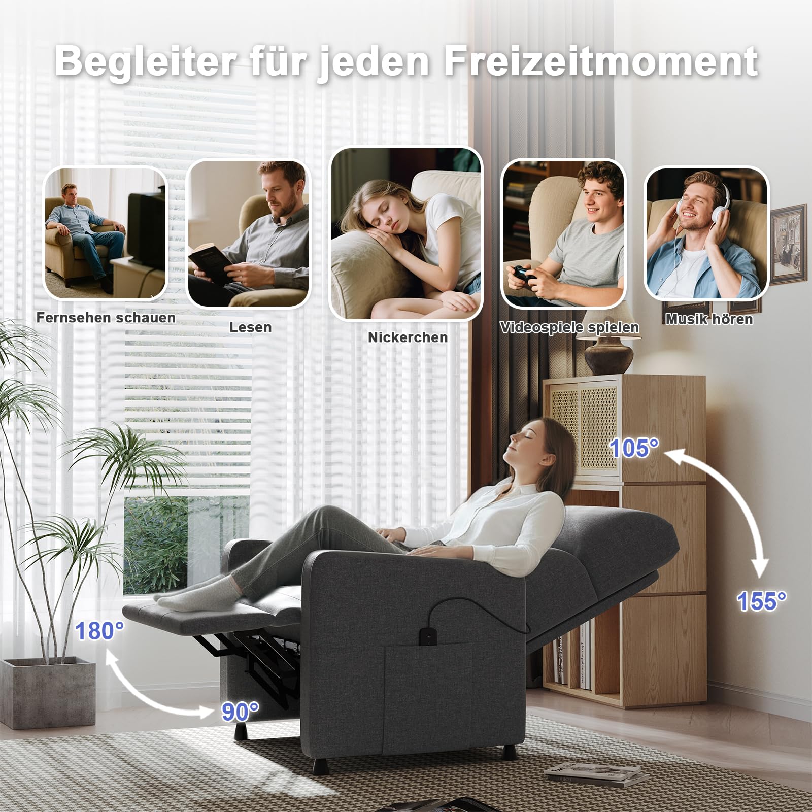 JUMMICO Relaxsessel Fernsehsessel Liegesessel mit Liegefunktion Elektrisch Verstellbarer Einzelliegesessel aus Leinenstoff für Wohnzimmer Schlafzimmer Heimkino (Grau)