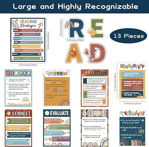 Miniatura 2 de Colarr 13 pósteres de lectura bohemios para decoración de aula, estrategias de lectura, juego de tablón de anuncios, decoración de esquina de