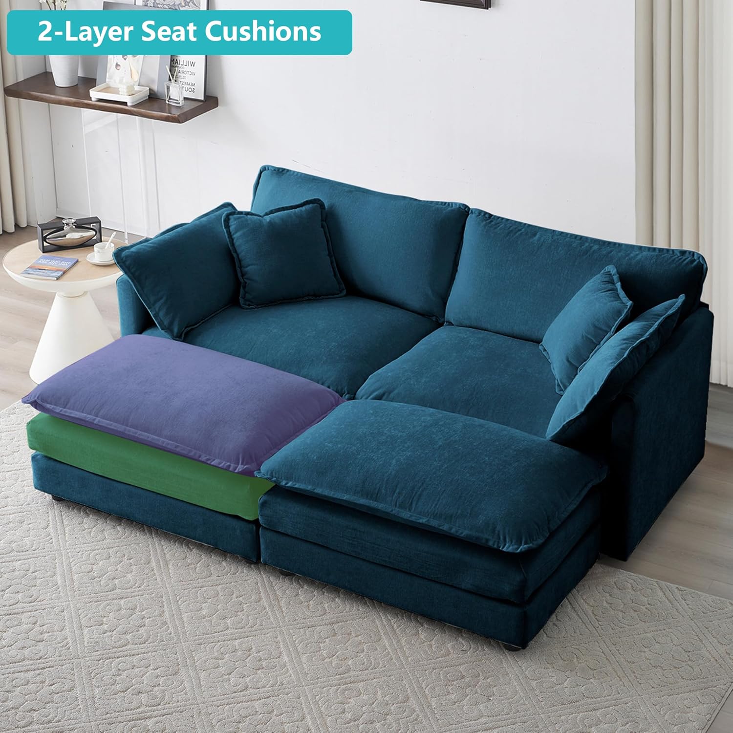 Small Sleeper Sofa, 76.7" Loveseat Sofa Couches Deep Couches with Ottomans, Chenille Upholstered Comfy Modular Sectional Sofa Couch for Small Space Living Room Apartment Office(Blue)