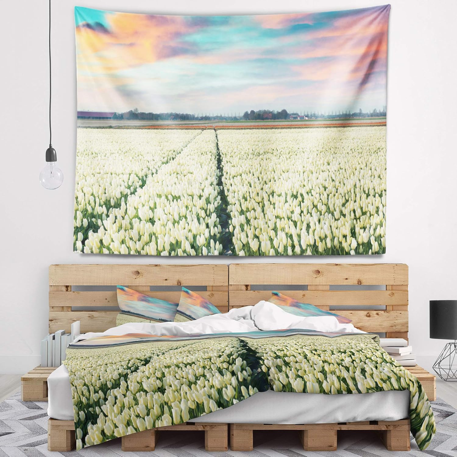 Designart ' Morning in Tulip Farm Near Espel Village' Landscape Tapestry Blanket Décor Wall Art for Home and Office x Large: 92 in. x 78 in