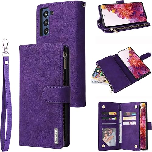 Miniatura 7 de LBYZCASE Funda para Samsung Galaxy S21 FE 5G con tarjetero, duradera, de lujo, magnética, de piel, con cremallera, bolsillo, correa para la muñeca,