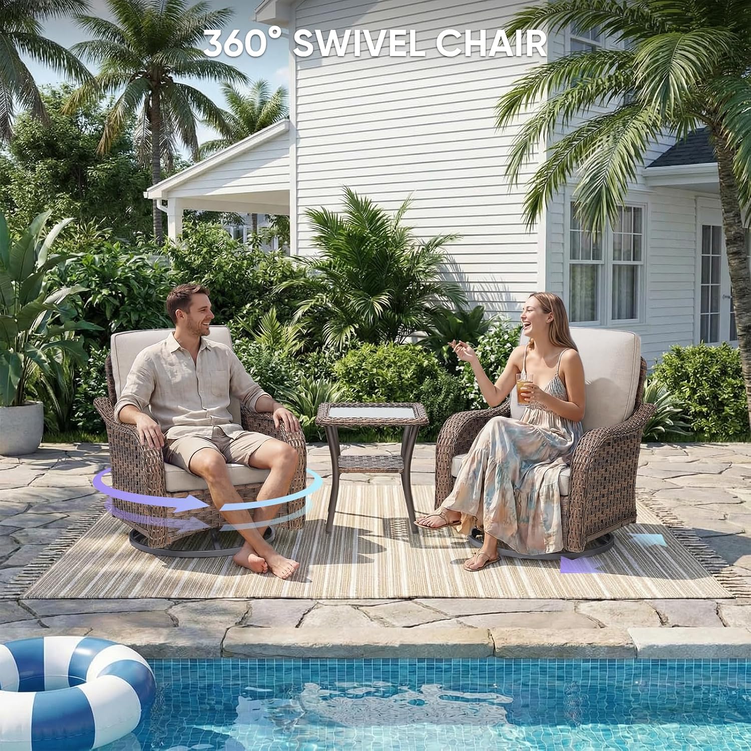 Patio Wicker Swivel Chairs -3 Piece Outdoor Swivel Rocking Chairs with Rattan Side Table, Ergonomic Design for Porch, Deck, Balcony, Garden, and Backyard(Beige)