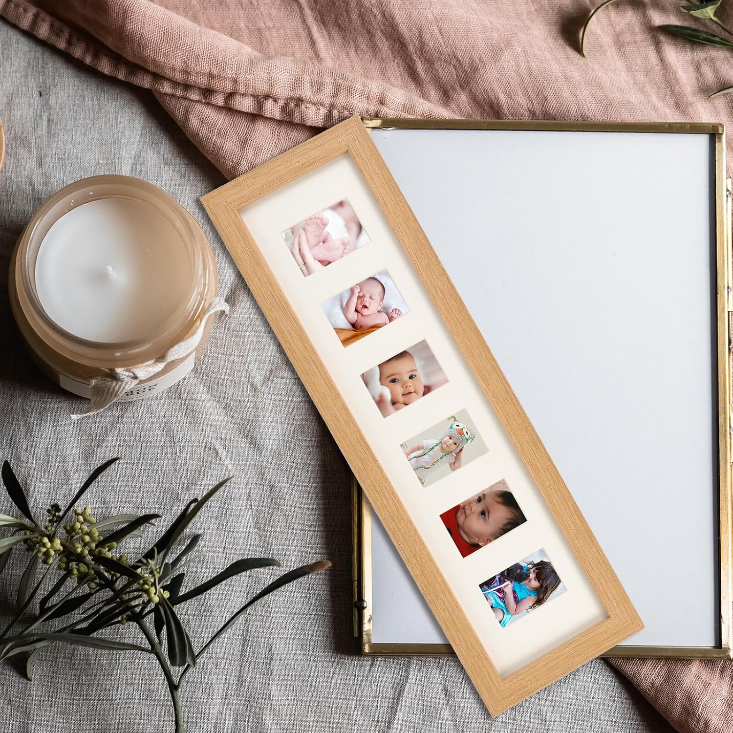 Wooden First Year Picture Frame for Babies, Milestone Photo Holder with 6 Slots, Desktop Photo Display Keepsake for Newborn Memory and Growth Records