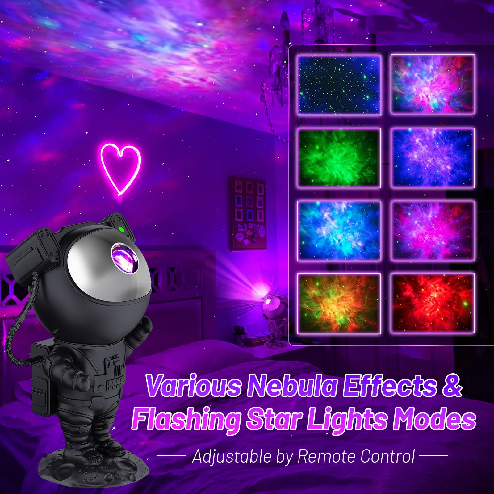Astronauta Cielo Stellato Galassia Proiettore,Proiettore Stellare Astronauta con timer e telecomando,Testa Ruotabile a 360°,Luminosità e Velocità Regolabili,Regalo per Bambini e Adulti,nero freddo