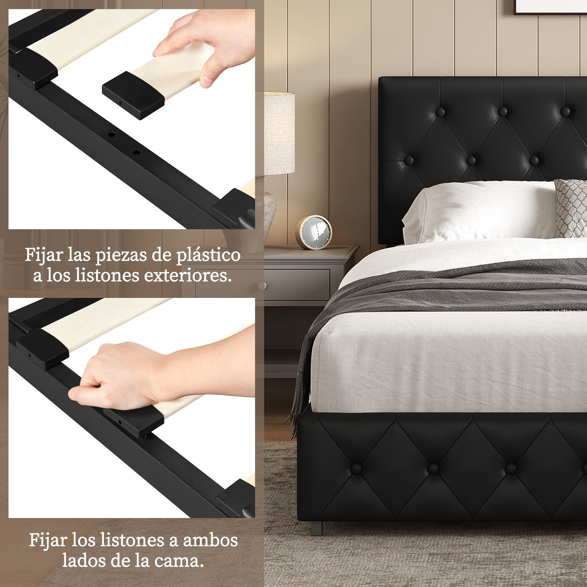 Yaheetech Cama Tapizado con Cabecero Ajustable en Altura 2 Cajones con Ruedas Espacio de Almacenamiento Cama Doble Matrimonial 160 x 200 cm Negro