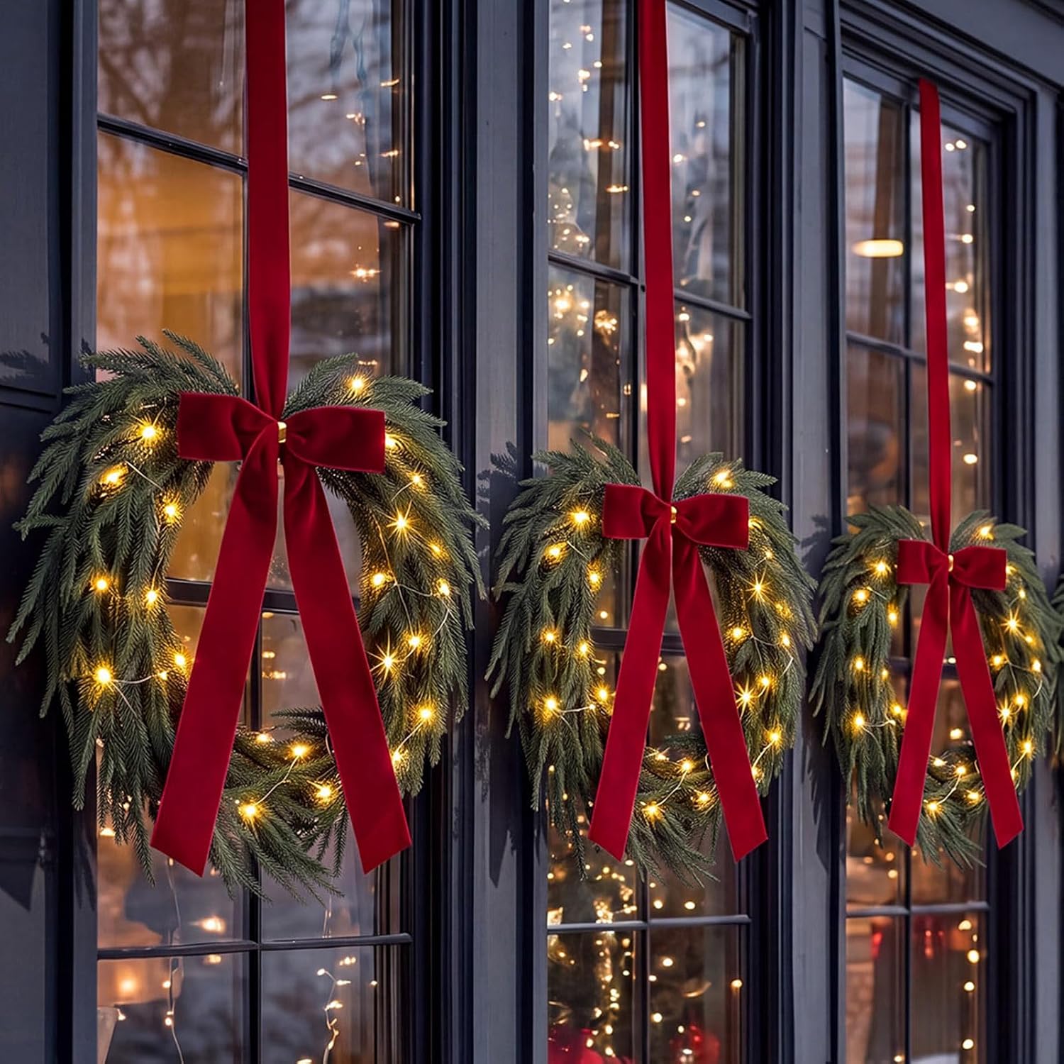 Dingion 3 Set 15.75 Inch Christmas Window Wreaths Pine Decor