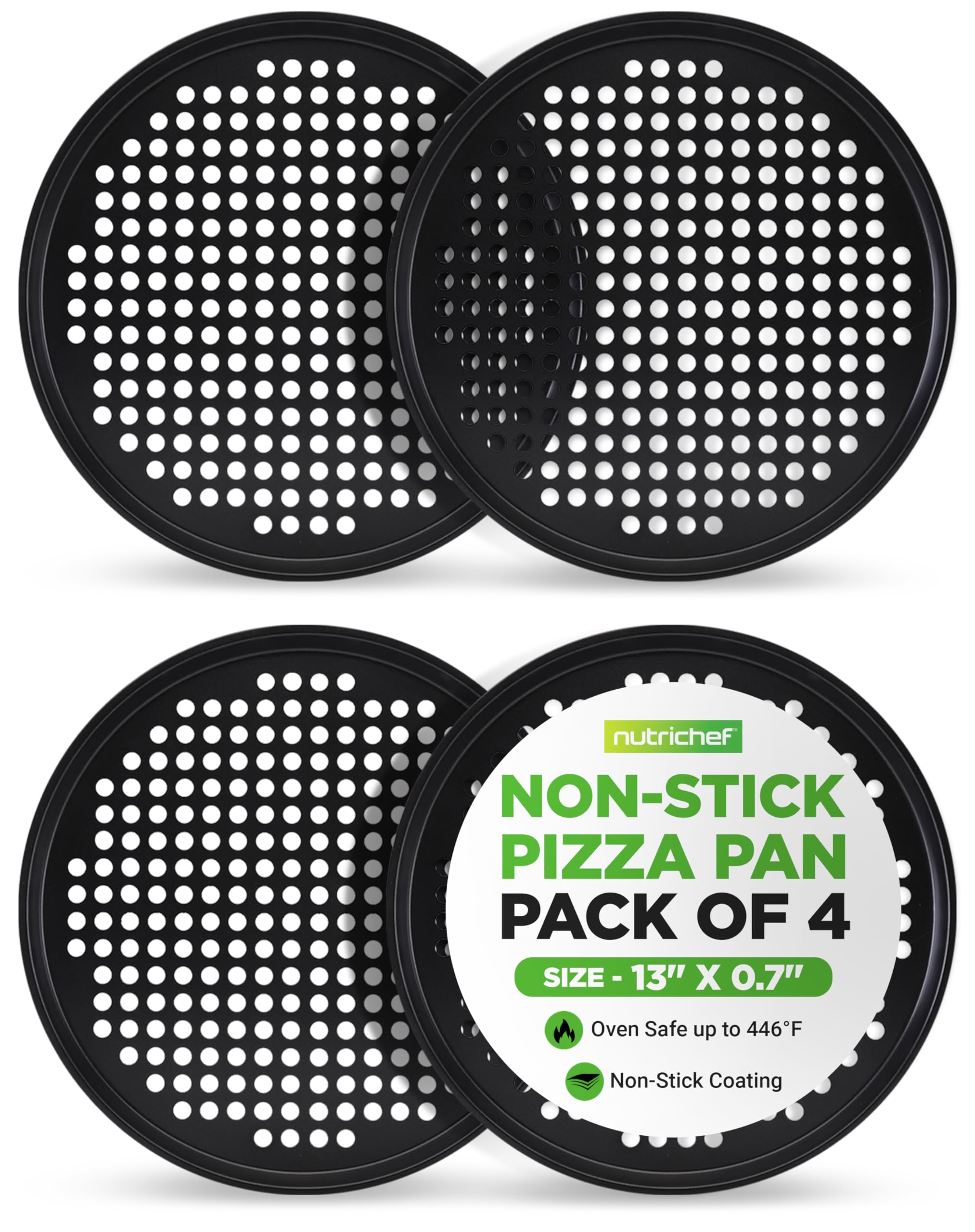 NutriChef Non-Stick Pizza Pans 33cm, 4-Pack Round Pizza Tray for Oven, Commercial-Grade Carbon Steel Baking Steel, Non Stick Grey Coating, Ideal Baking Accessories for Stuffed Crust