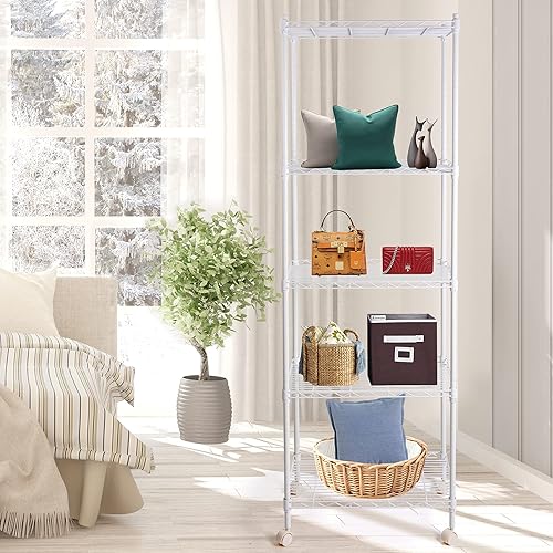 Miniatura 8 de JS HANGER Estantería de alambre con ruedas, estantes de metal rodante de 5 niveles resistentes y ajustables en altura para almacenamiento, capacidad