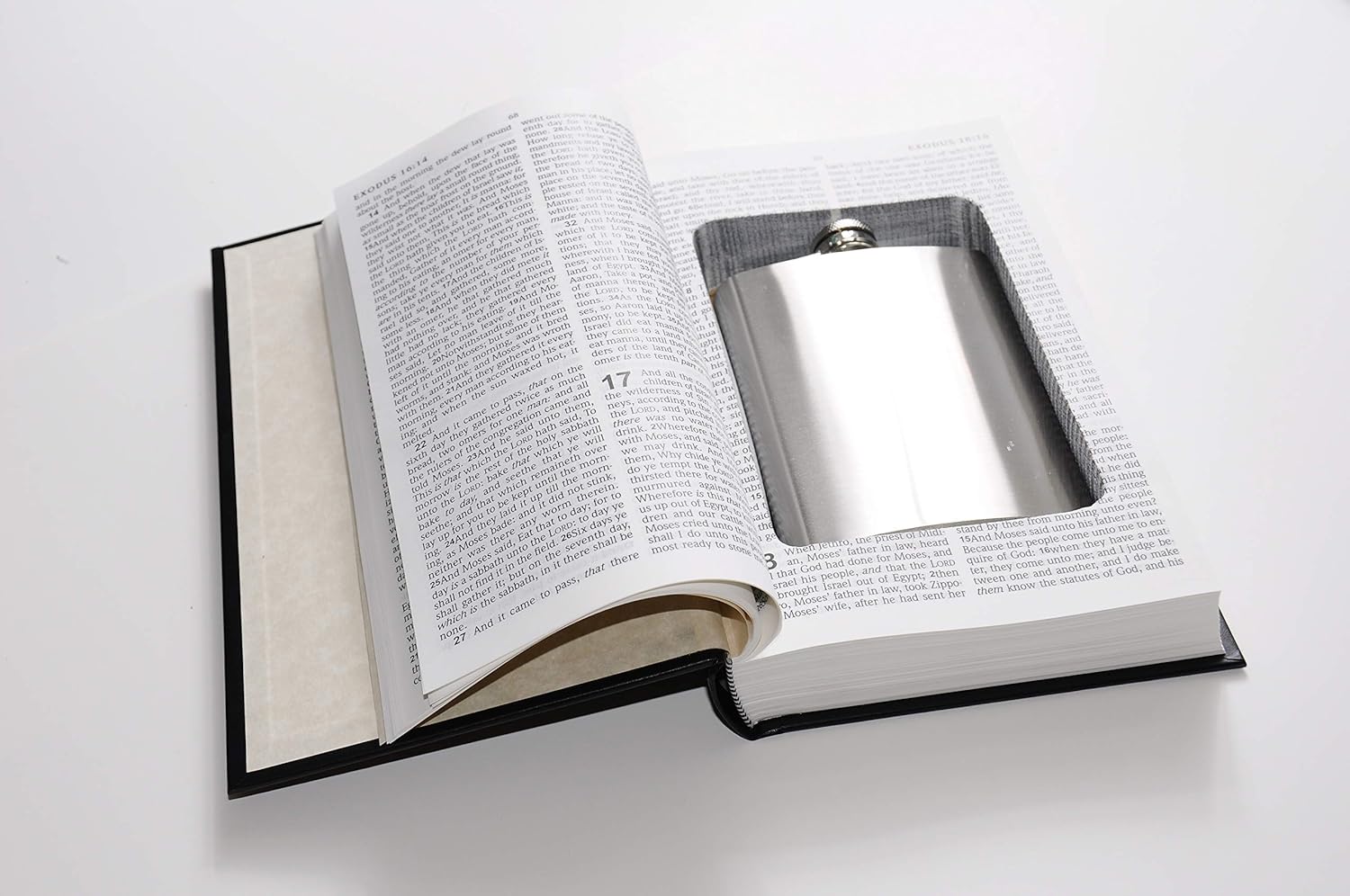 Bible Book Safe w/ 8oz Hidden Flask - Funny Gift - Genuine Bible with Real Pages - Secret Hollow Diversion Storage Stash - Preacher Atheist Priest Pastor