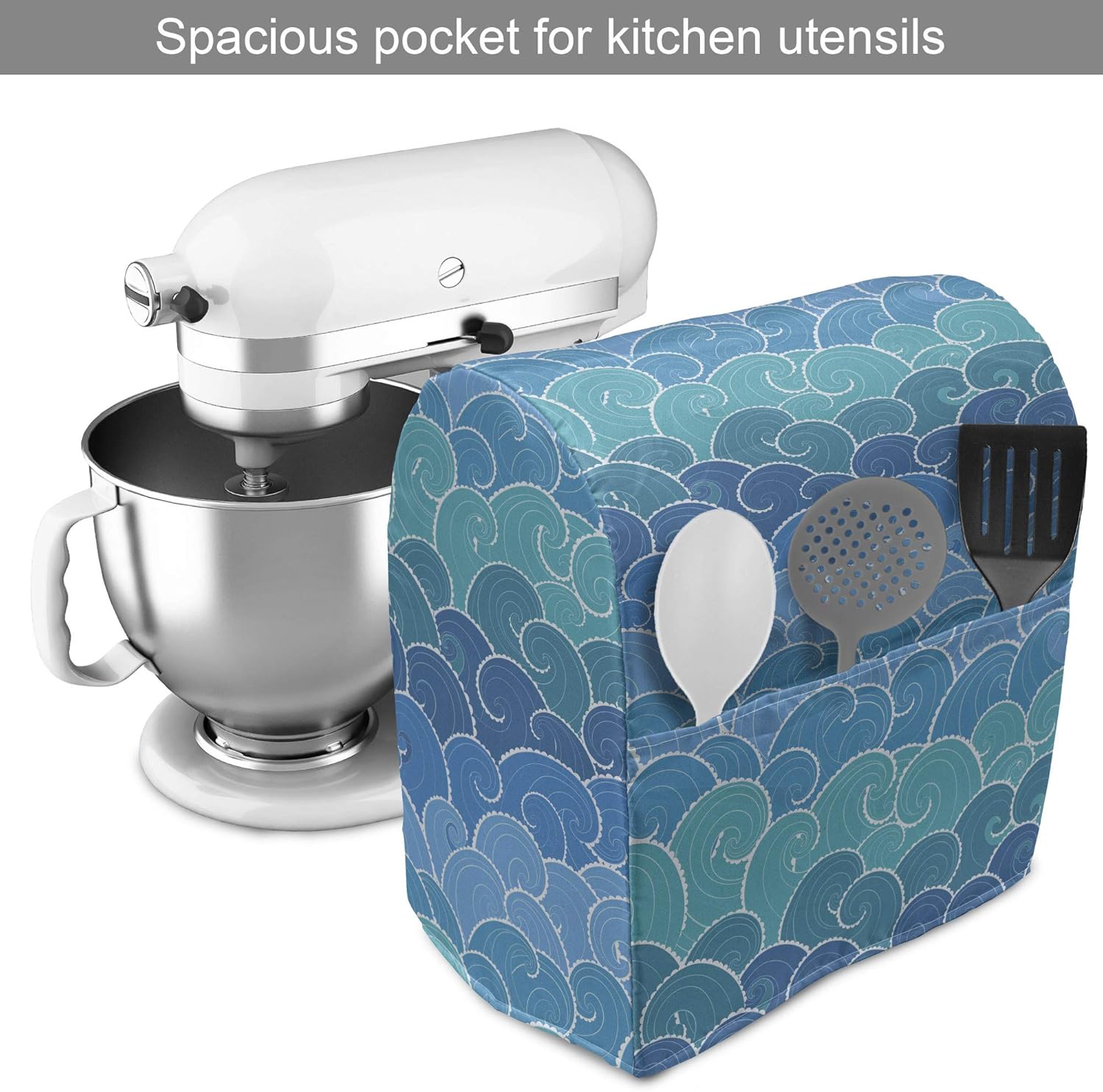 Lunarable Nautical Stand Mixer Cover, Doodle Style Waves with Curvy Lines Ocean Storm Abstract Seascape, Kitchen Appliance Organizer Bag Cover with a Pocket, 6-8 Quarts, Blue Teal and Turquoise