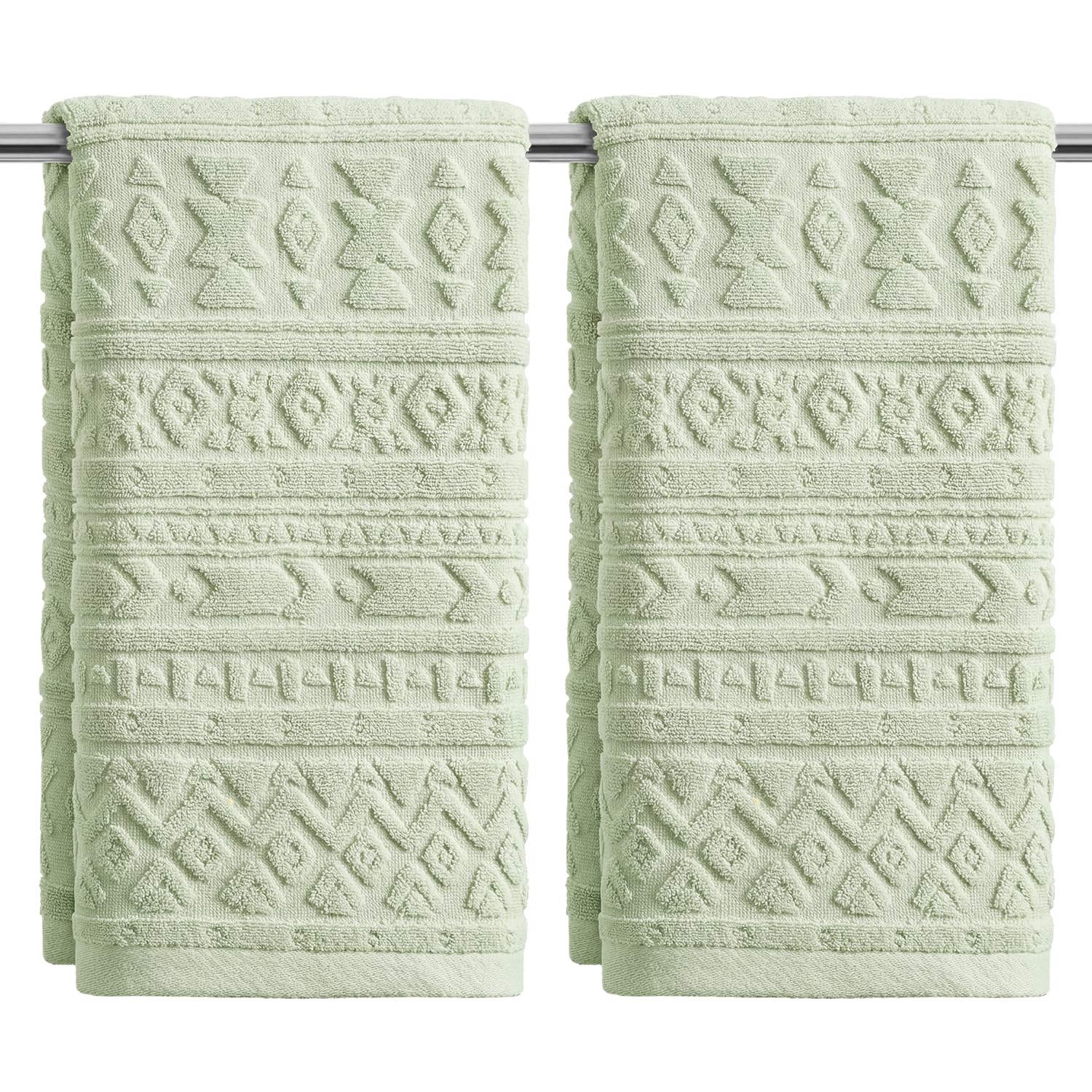 Artoid Mode Light Green 3D Geometric Design Jacquard Hand Towels for Bathroom 35 x 75 cm, 100% Cotton Soft Absorbent Bathroom Decor Towels Set of 2
