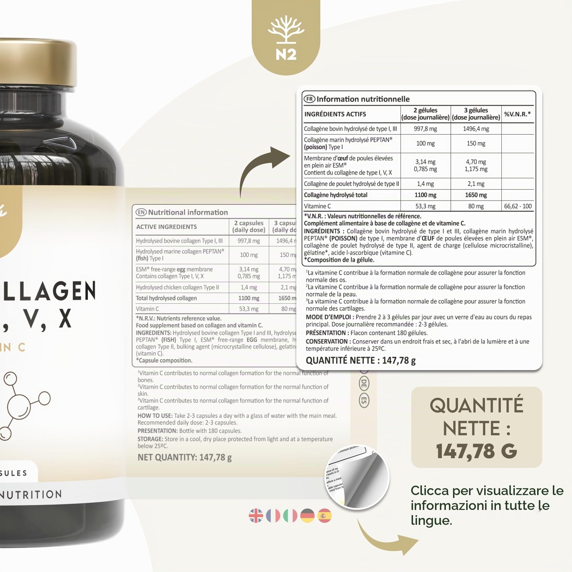 Multi Collagene + Omega 3 N2 Natural Nutrition: Pack 2 Prodotti Collagene Tipi I II III V X con Vitamina C e Olio di Pesce 2000 mg EPA 700 DHA 500 180 Capsule e 120 Softgel