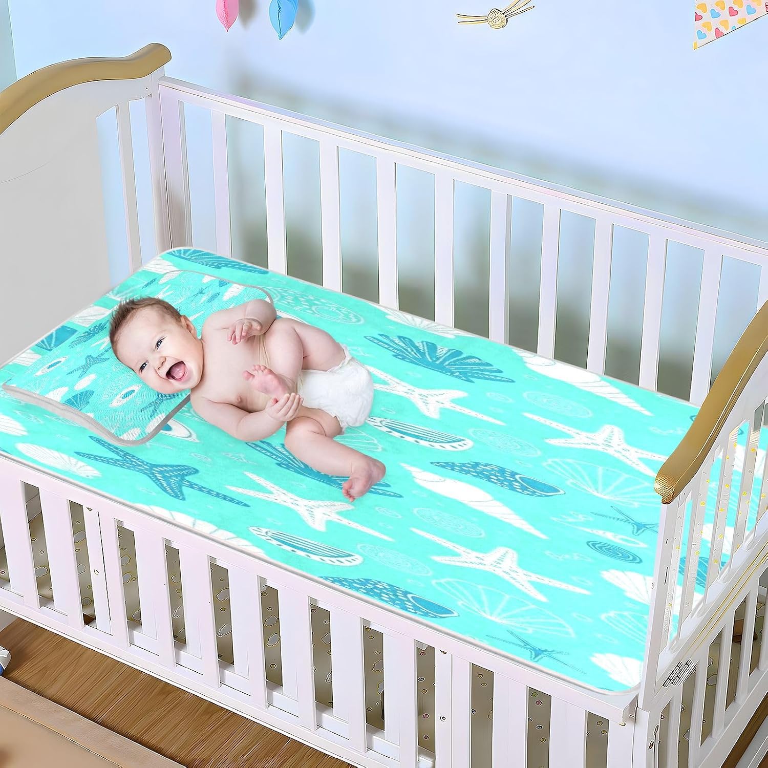 Cooling Baby Bed Mattress Cover 28" x 52" Ultra Soft starfishes Shells Cute Sea Animals Aqua Mattress Protector pad for Kids, Adult