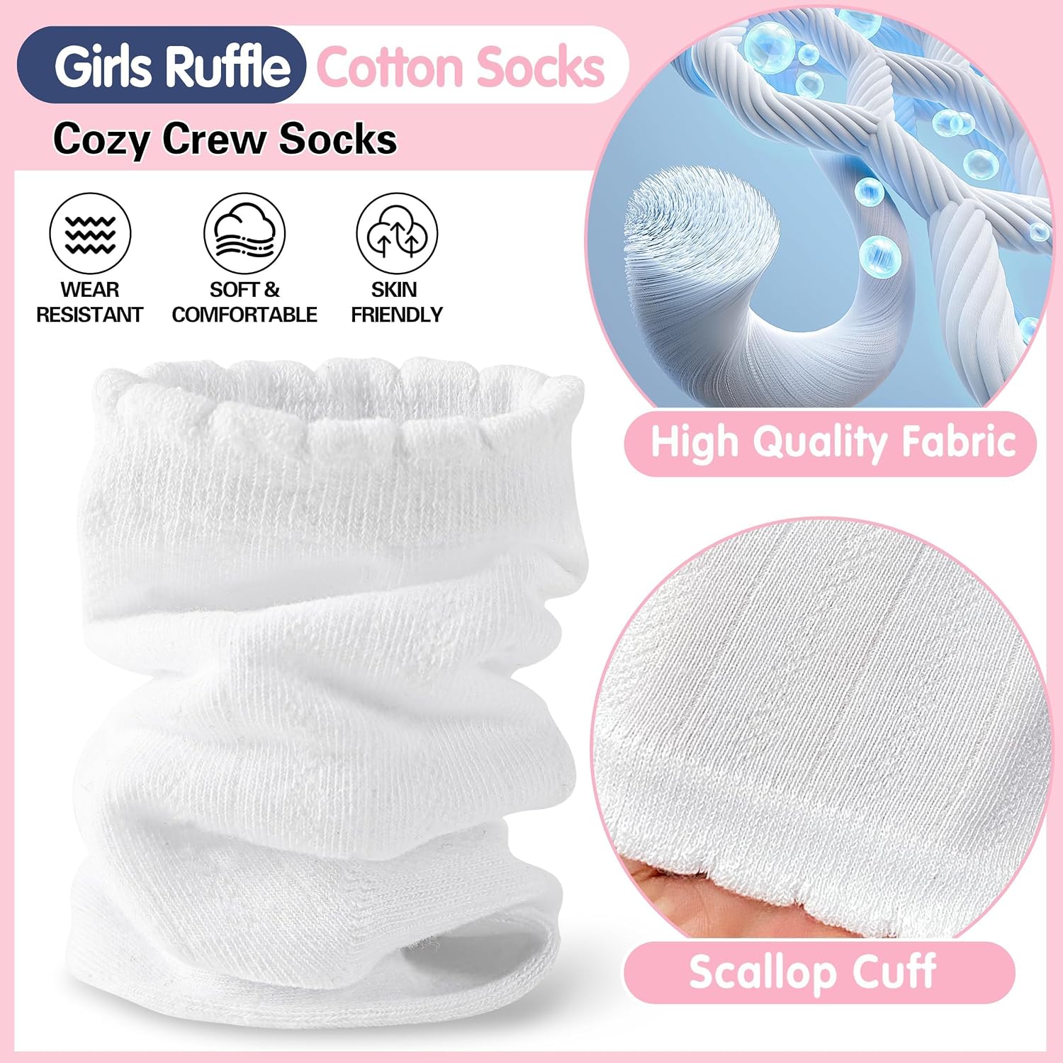 EBMORE Girls Kids Ruffle Socks Uniform School Dress Crew Cotton Textured Breathable Socks 6 Pairs