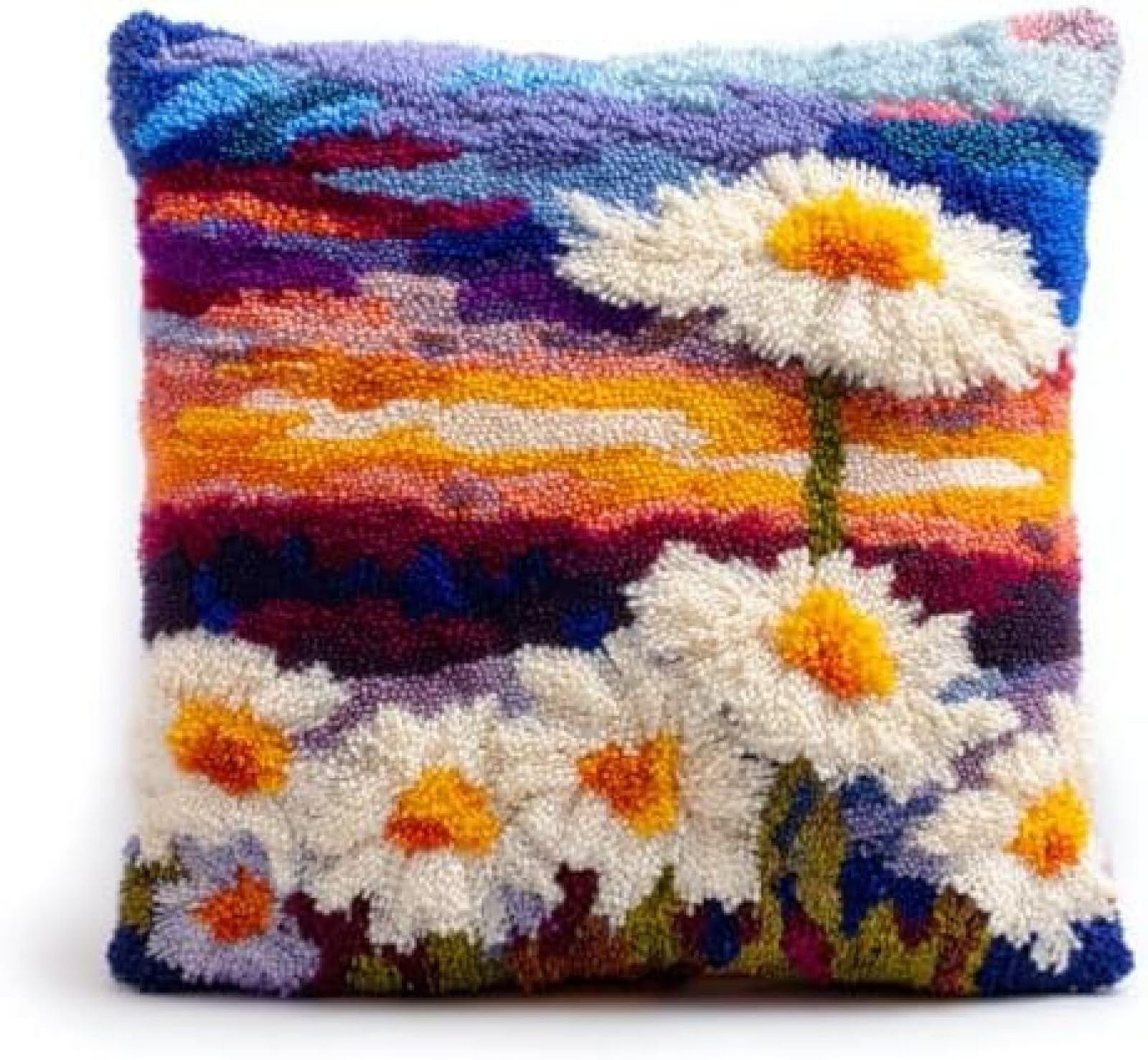kitphoenix DIY Latch Hook Cushion Kit for Adults,Chamomile Flowers and Sunset,Handmade Cushion Cover Craft Set,Creative Gift for Women with Yarn and Hook,43x43 cm