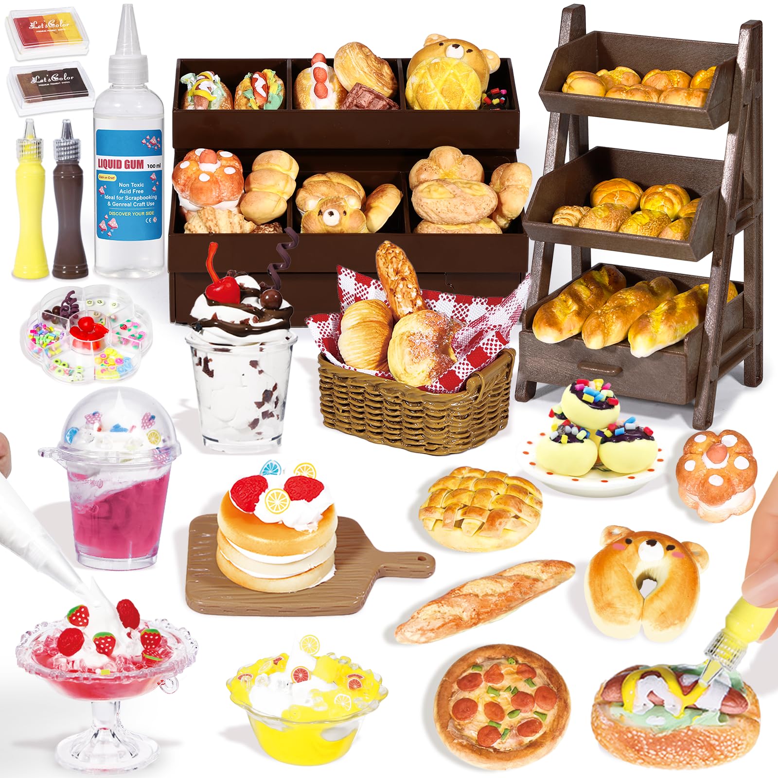 Mini Bake Shop DIY Craft Kit – Resin Clay Café Play Set with Counter & Display Rack, Paints, Cream Glue & Moulds – Realistic Pretend Bread, Cakes & Drinks – Creative Mini Food Craft Toy for Kids 6+