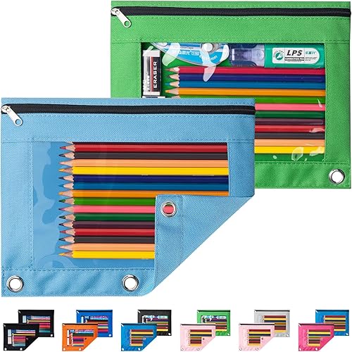 Sooez Estuche para lápices para carpeta de 3 anillos, paquete de 2 bolsas para lápices con ventana transparente con cremallera y ojales reforzados,