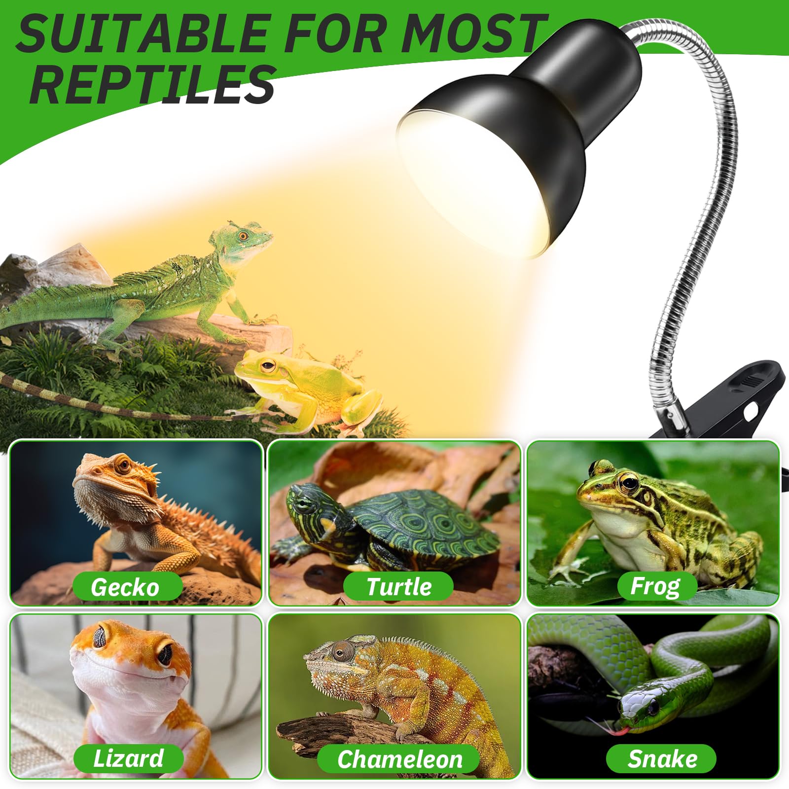 Lampe Chauffante Tortue avec 3 Ampoules UVA UVB 25W 50W, Lampe Chauffante pour Reptiles avec Pince Pivotante à 360 ° adapté pour Tortue, Serpent, Lézard, Cacatoès, Caméléon