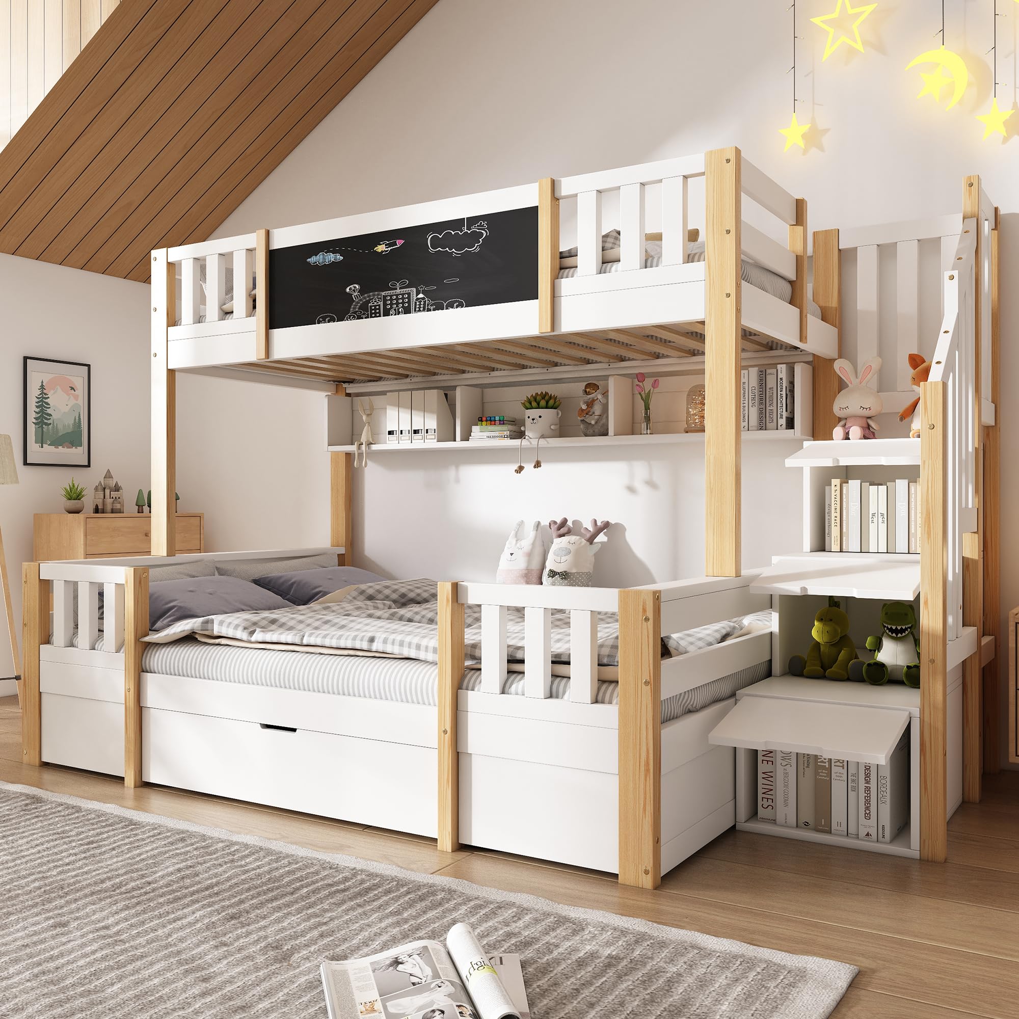 Hochbett Etagenbett 2 Kinder 90x200cm+140x200cm, Kinderbett mit Rausfallschutz, Tafel und Stauraumtreppe, unteres Bett mit Schublade und dreigeteilter offener Stauraum (B-Weiß+Natur)