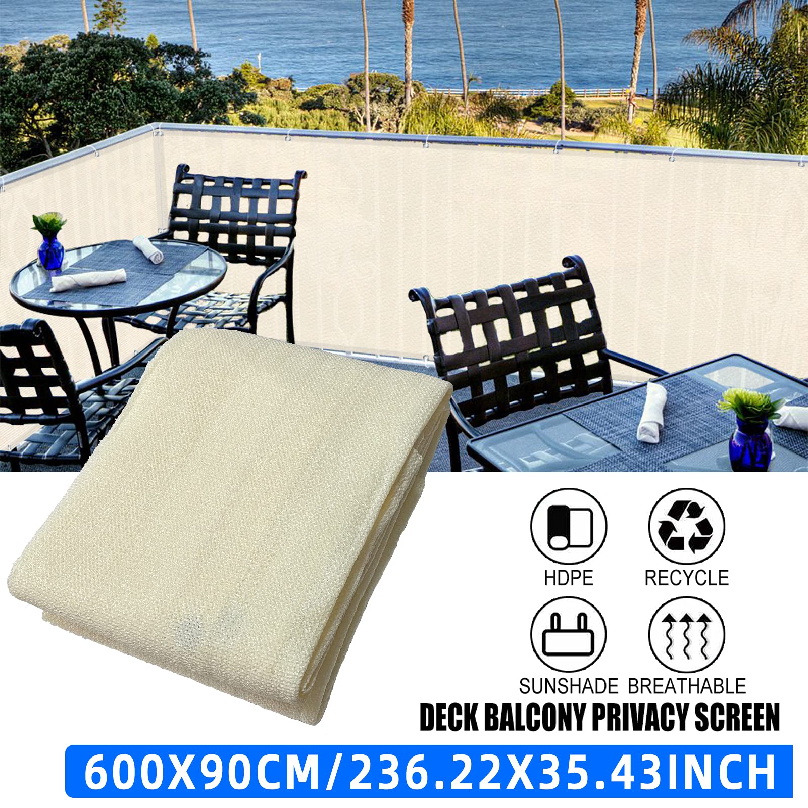 HaiTaoSy Balkon Sichtschutz 90x1150 Cm Beige – UV- Und Wetterfest, HDPE, Mit Alu-Ösen