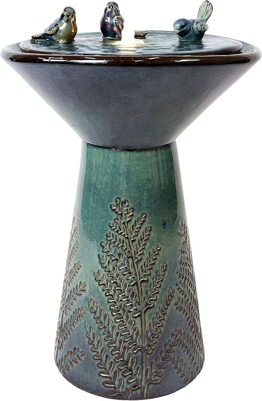 Sunnydaze 28" Ceramic Garden Water Fountain with LED Lights & Bird Accents | Electric Patio Water Fountain with Weather-Resistant Glaze Finish, Outdoor Water Feature for Deck & Garden, Easy Assembly