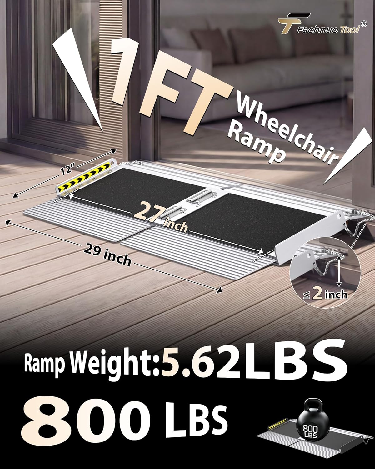 FACHNUO 1 Feet Portable Threshold Ramp with Self-Adjusting Bottom, Wheelchair Ramp for Home Doorways, Non-Skid Handicap Ramp for Home Steps, Folding Wheel Chair Ramp, Maximum Applicable Height 2"